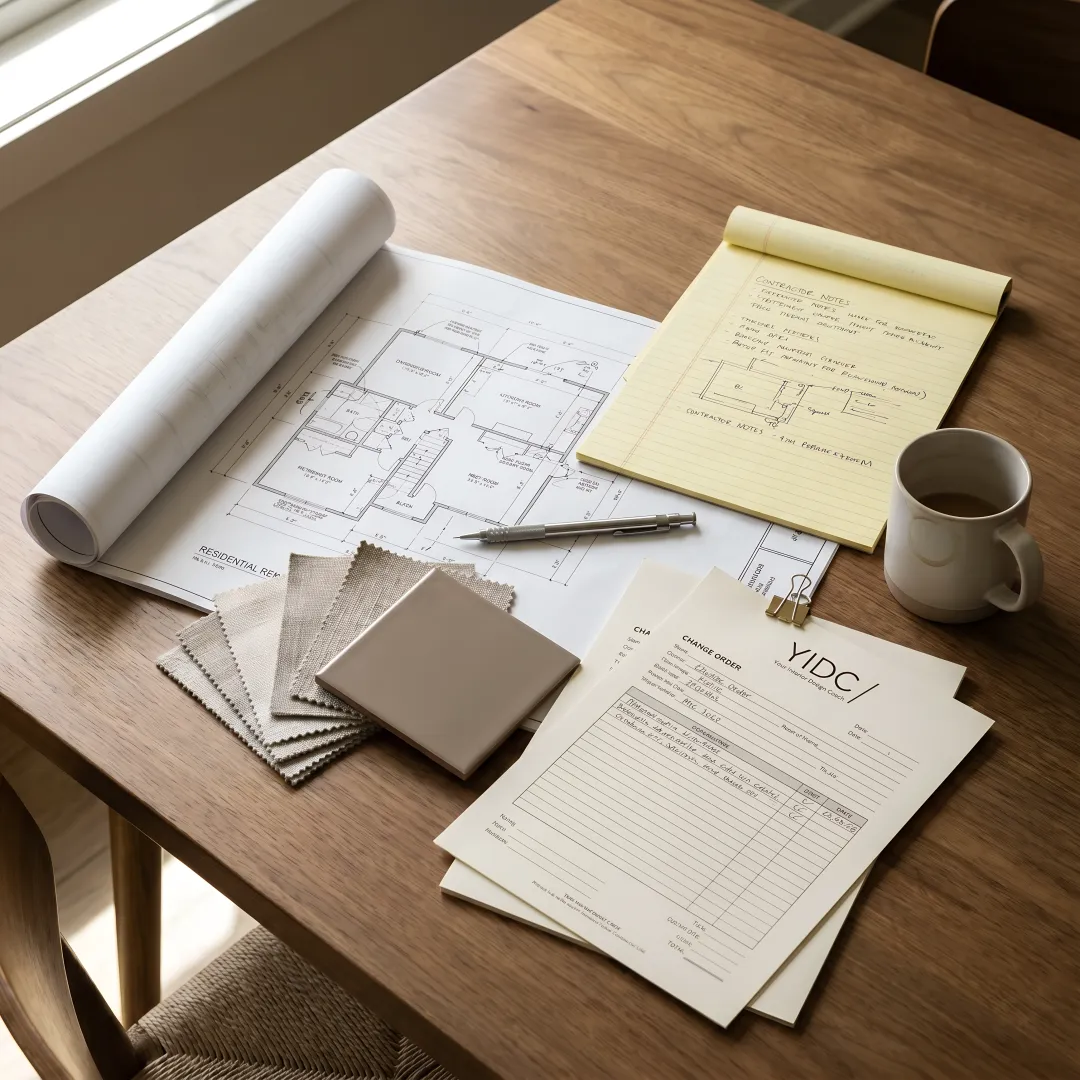 Designer reviewing remodel plans and change order notes