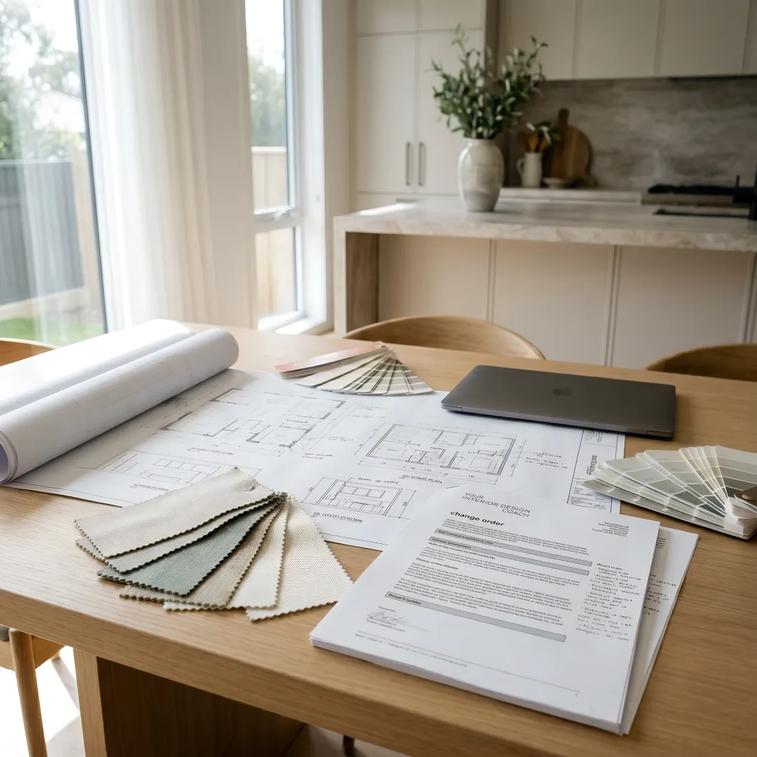 Homeowner reviewing remodel change order documents with designer