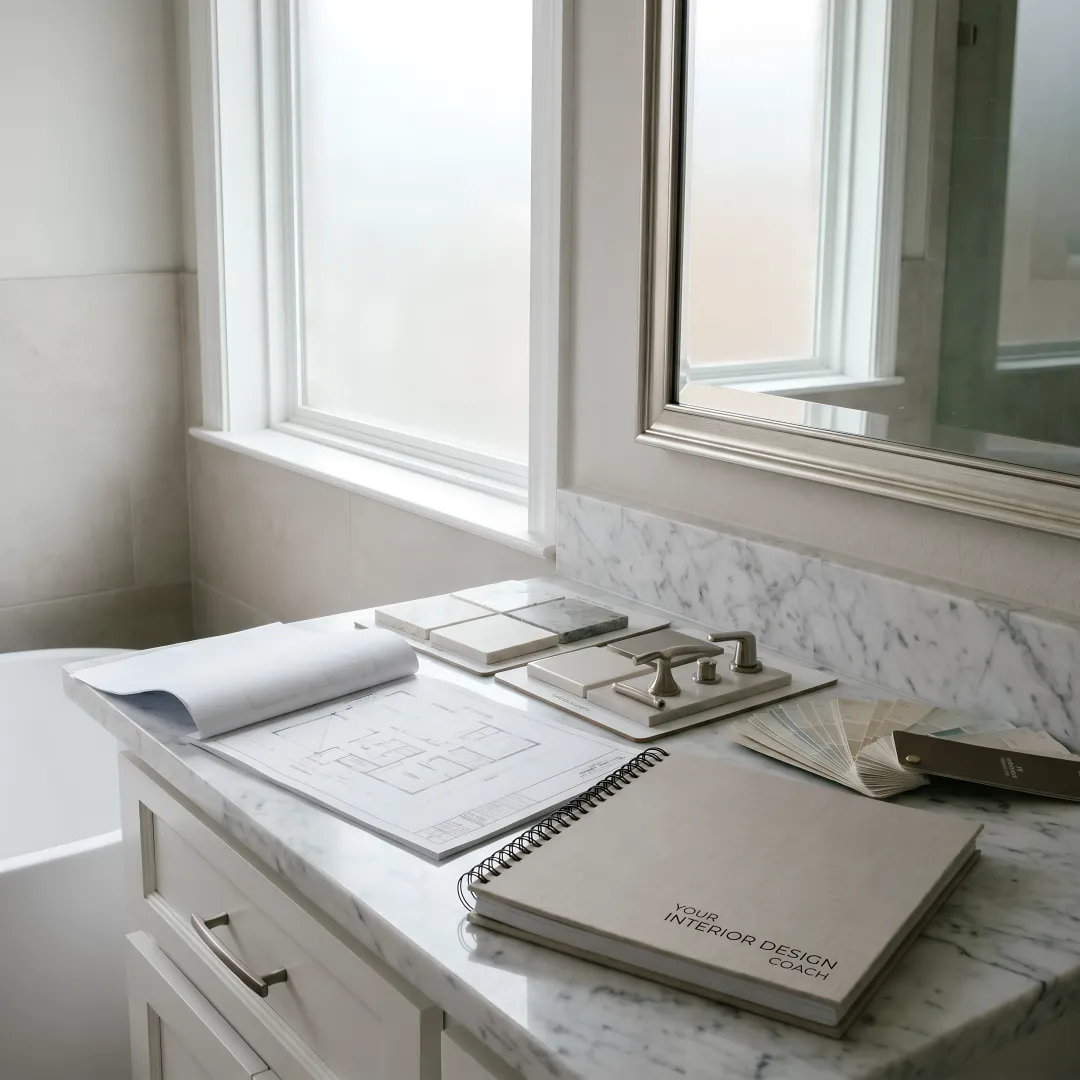 Bathroom remodel planning documents and material selections