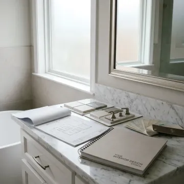 Bathroom remodel planning documents and material selections