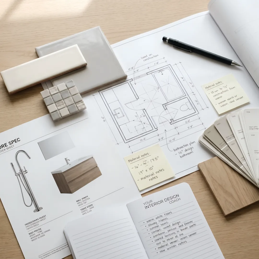 Bathroom remodel plans and material selections during project review