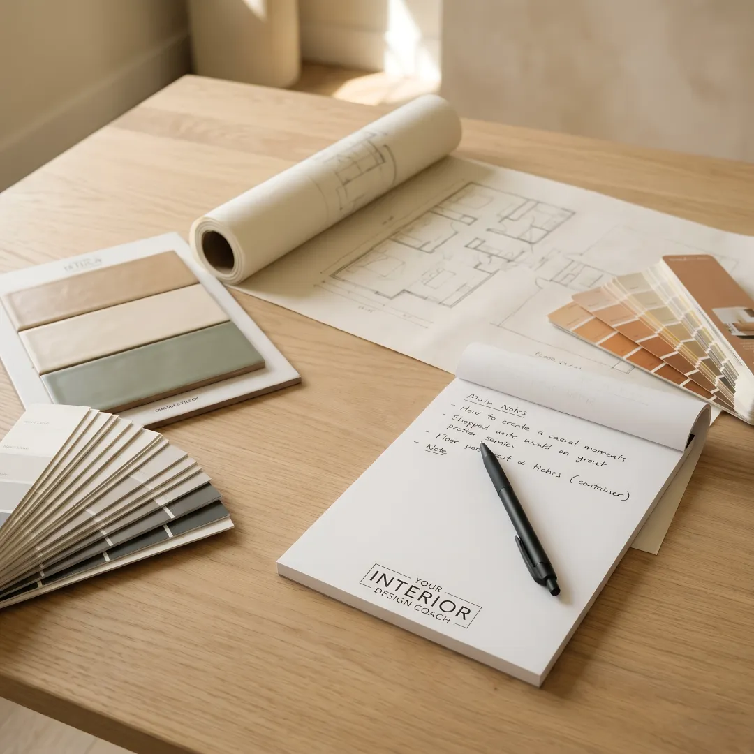 Designer reviewing tile and grout samples with a homeowner