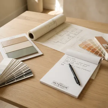 Designer reviewing tile and grout samples with a homeowner