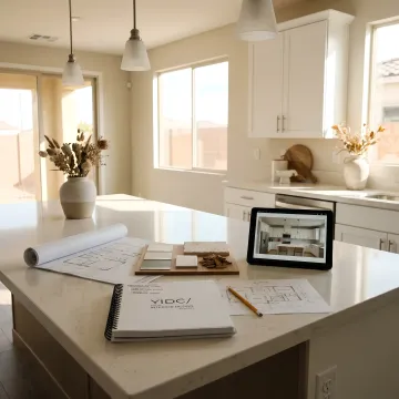 Kitchen remodel plans and finish selections on a table