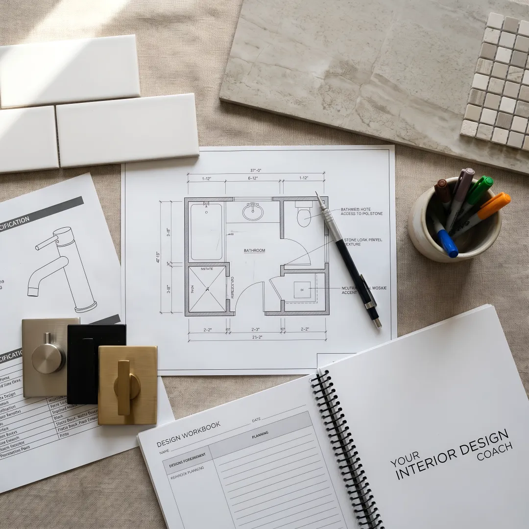 Bathroom remodel planning process with drawings and finish samples