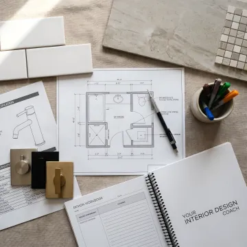 Bathroom remodel planning process with drawings and finish samples