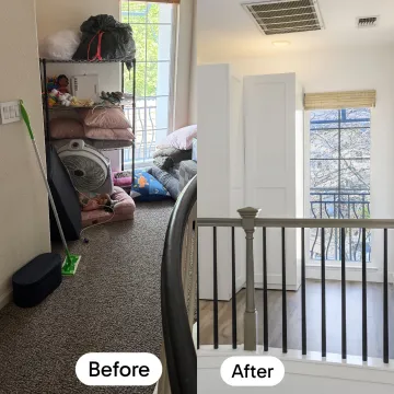 Professional decluttering consultant helping homeowner organize living space with sorting bins and organization systems