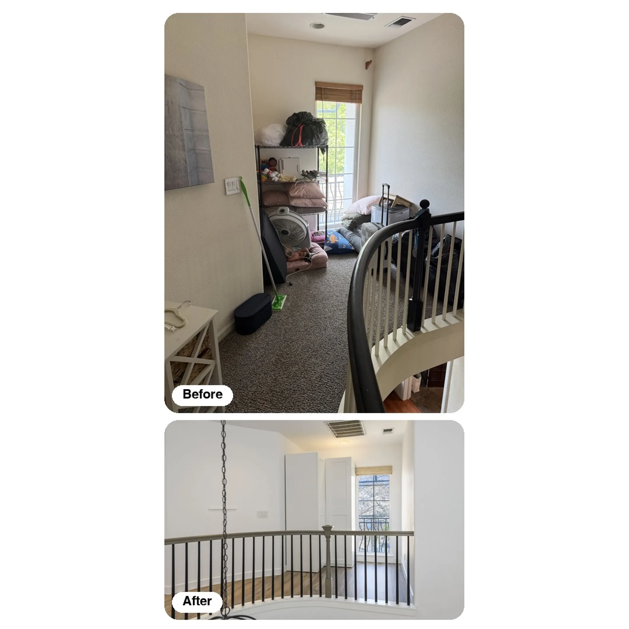 Professional decluttering consultant helping homeowner organize living space with sorting bins and organization systems