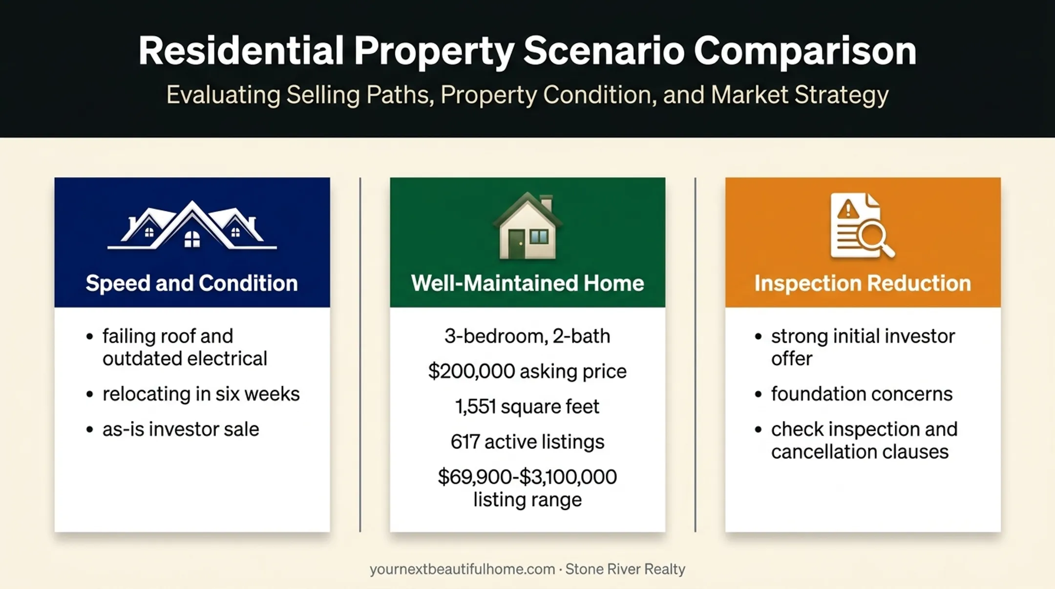 Three Lubbock County home selling scenarios with property details and decision factors