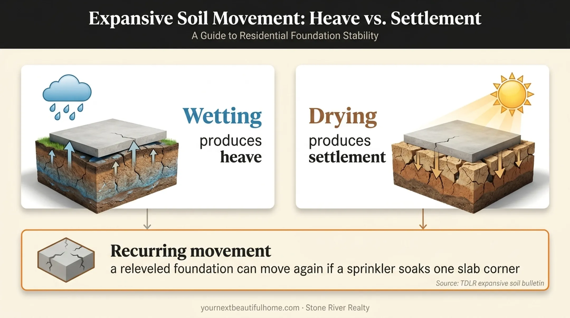 Expansive soil moisture cycle showing heave, settlement, and recurring foundation movement