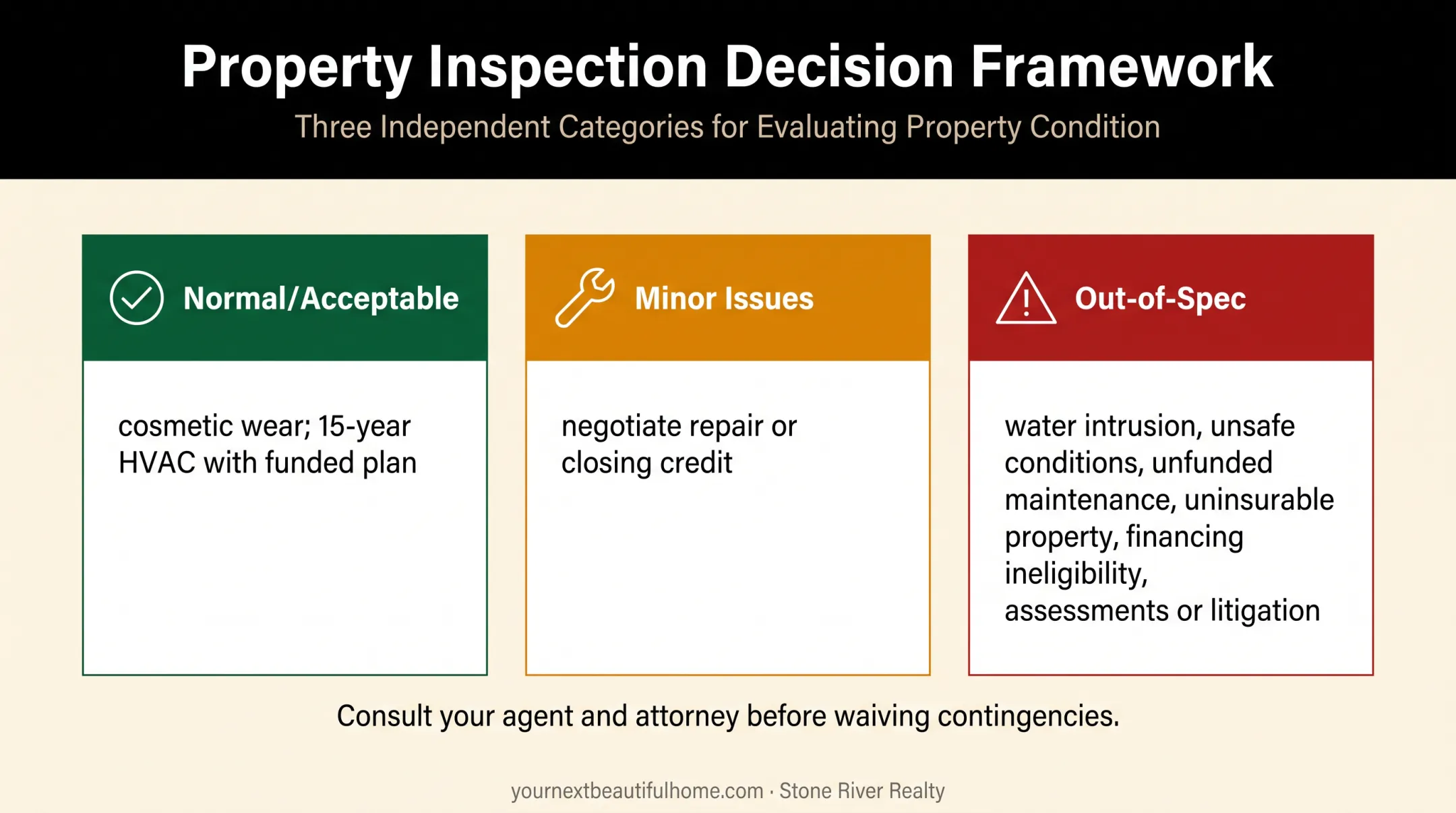 Three-category older condo inspection findings decision framework