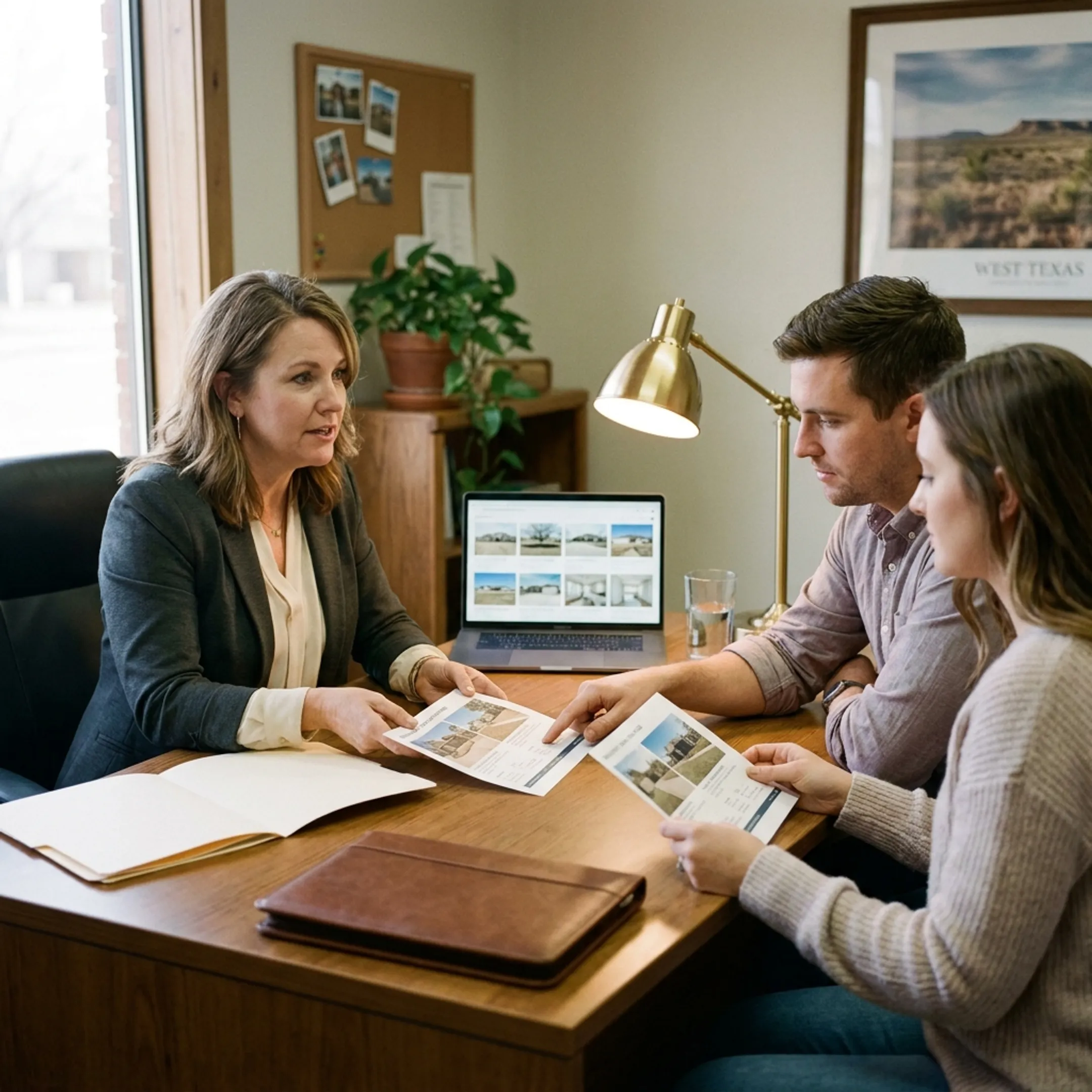 Relocation buyers discussing a Lubbock home with their real estate agent