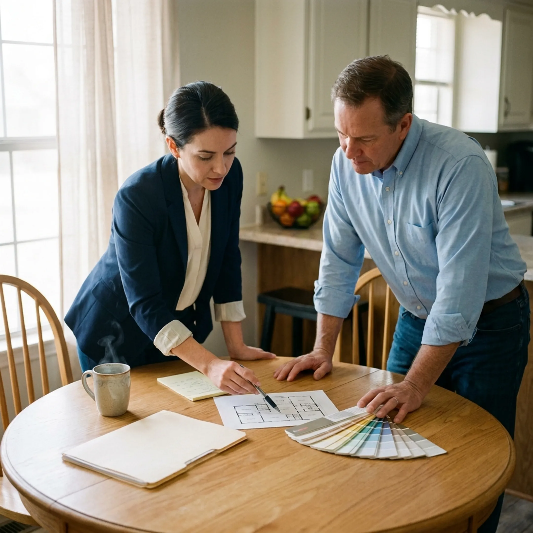 Real estate consultant reviewing pre-sale home improvements with a homeowner