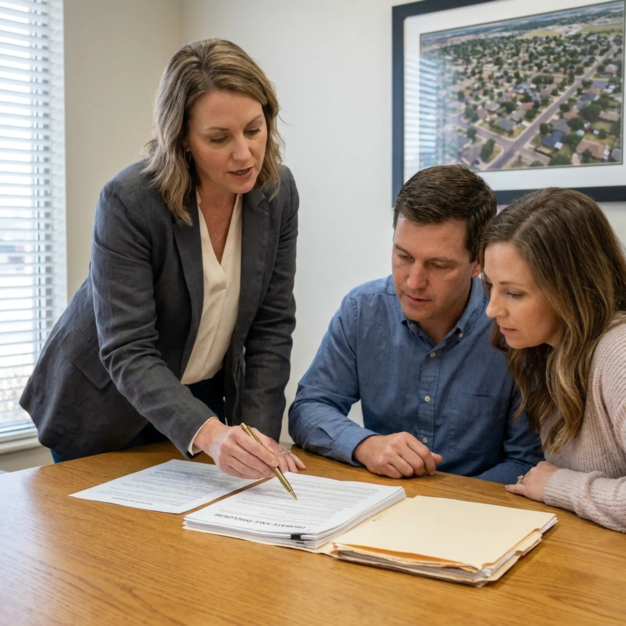 Real estate professional discussing probate home sale documents with family representatives