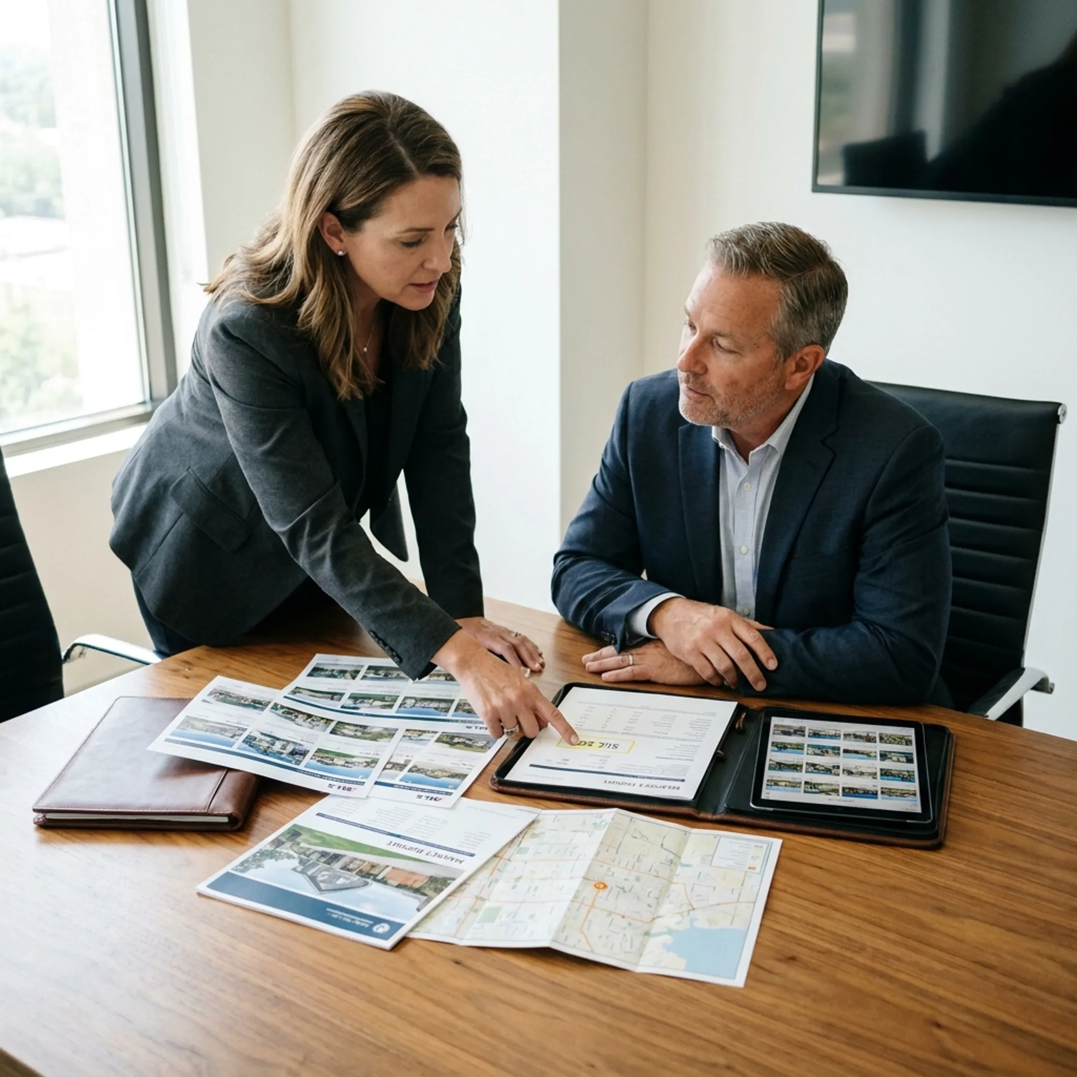 Real estate professional reviewing investment property details with a buyer