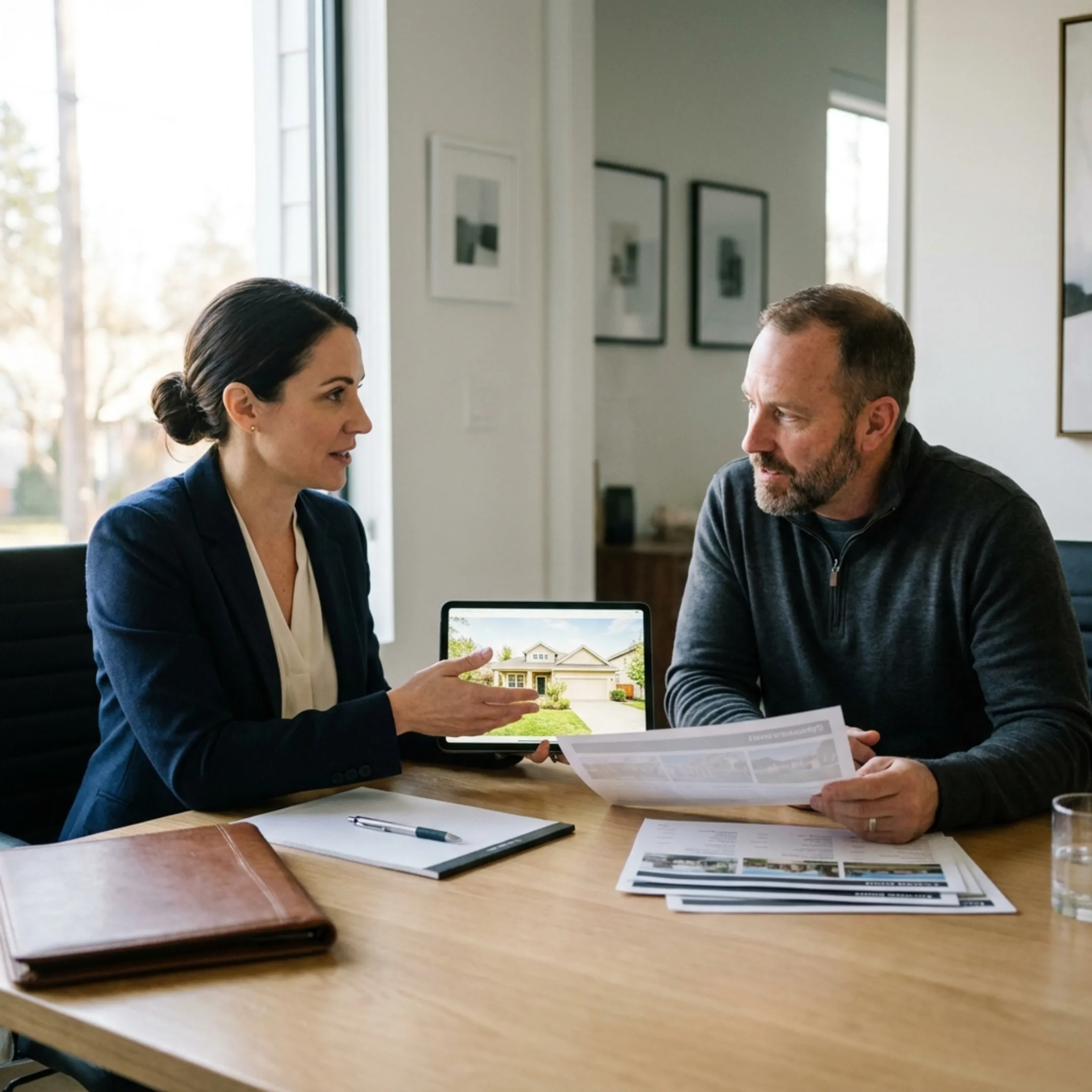 Advisor and investor comparing residential investment property listings
