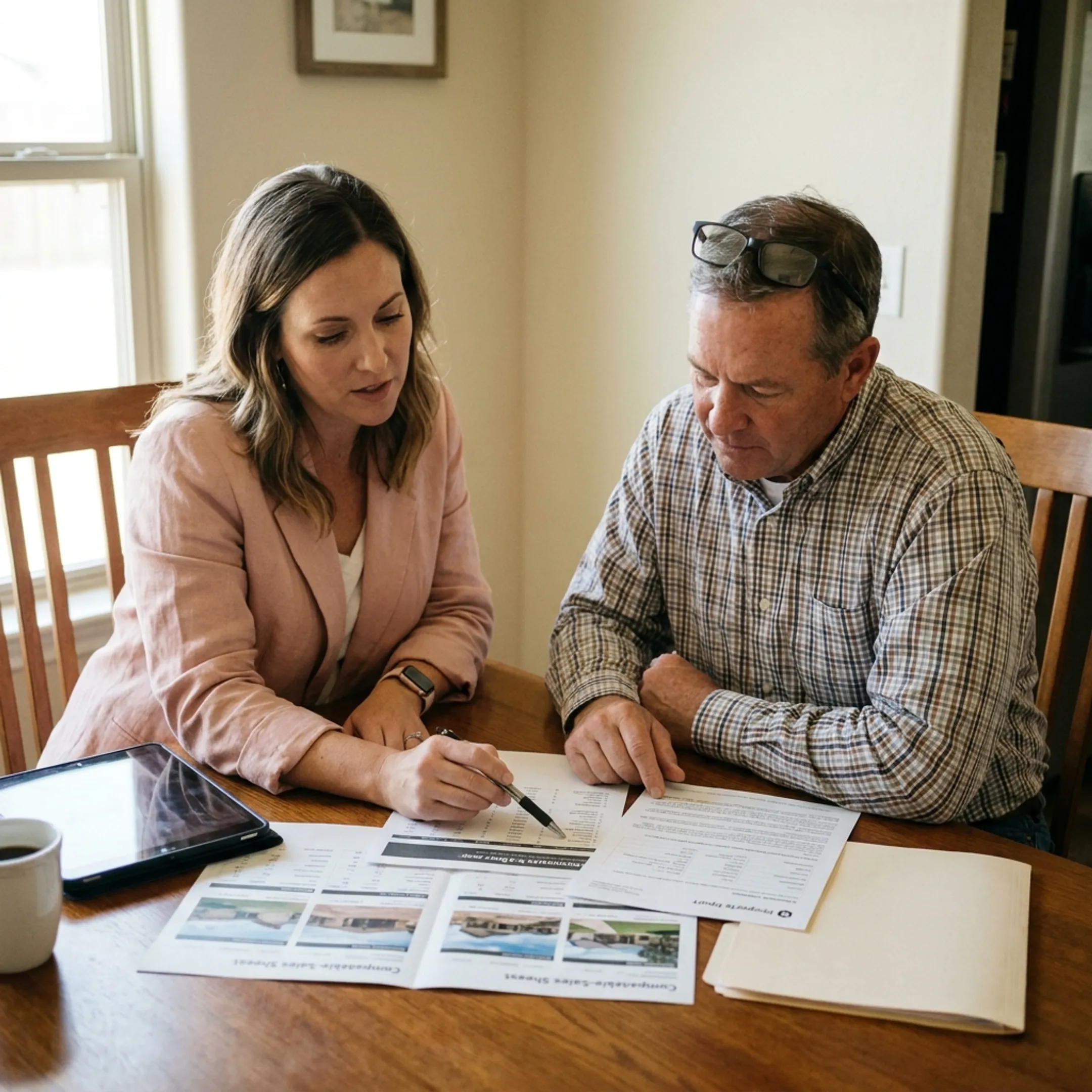 Real estate professional reviewing a home valuation with a Lubbock County homeowner