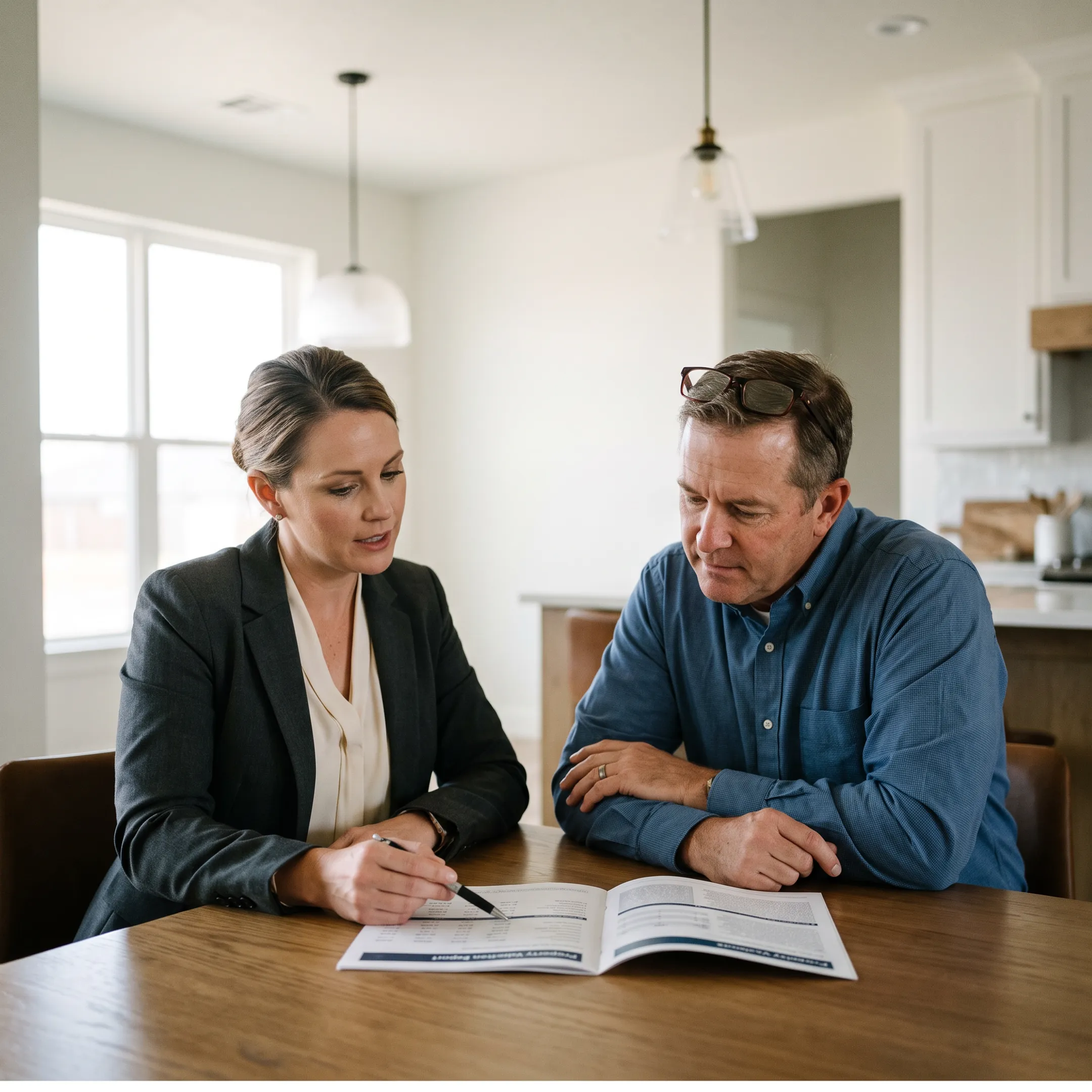 Real estate professional reviewing luxury home sale materials with a homeowner