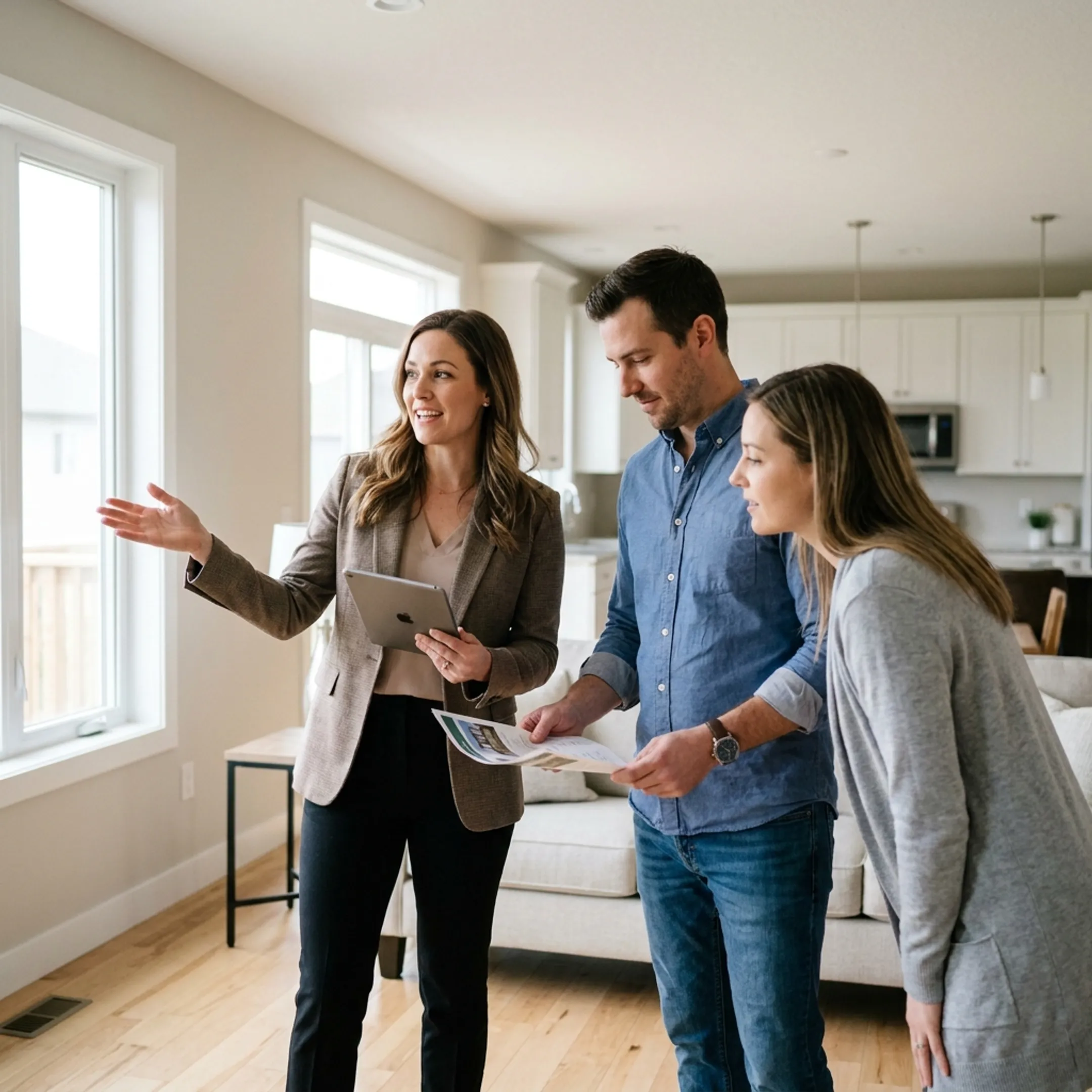 Real estate agent guiding first-time buyers through a home viewing in Lubbock County