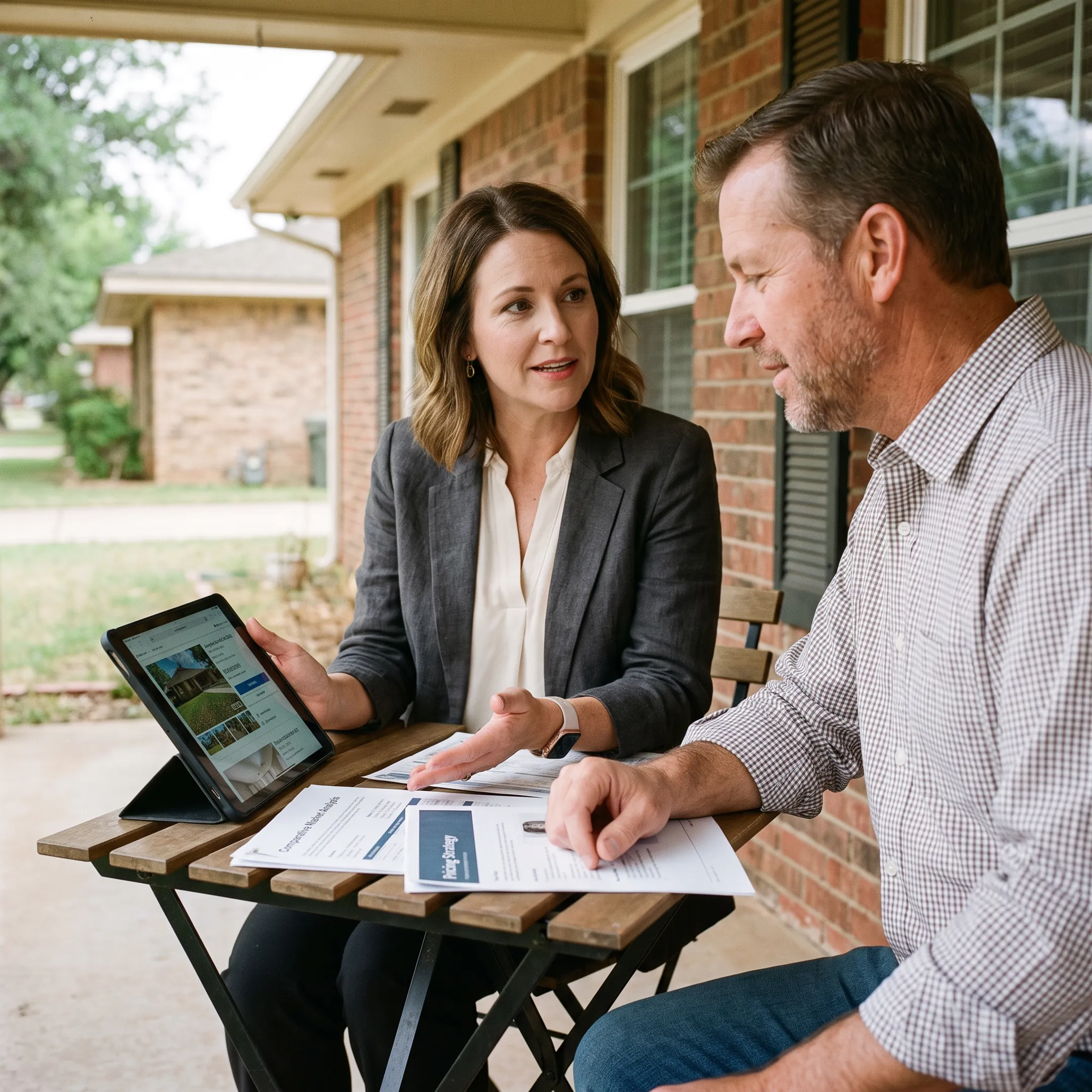 Real estate professional reviewing an MLS home listing and marketing plan with a Lubbock County homeowner