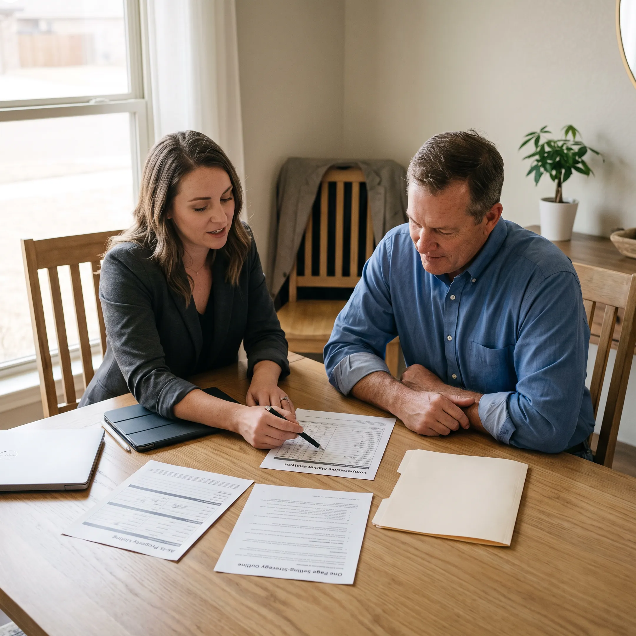 Real estate professional reviewing an as-is home listing with a homeowner