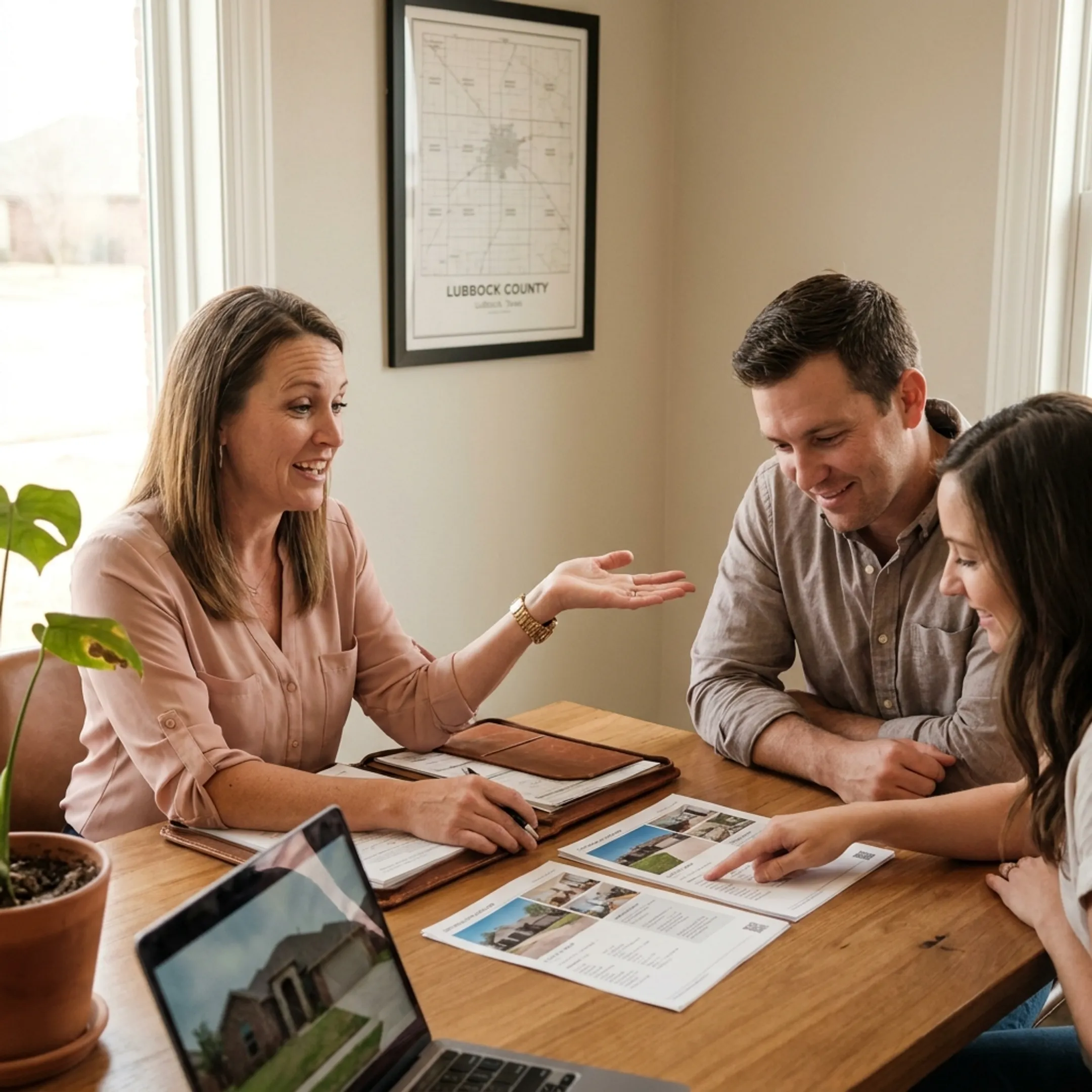 Real estate agent discussing home options with buyers in a Lubbock area setting