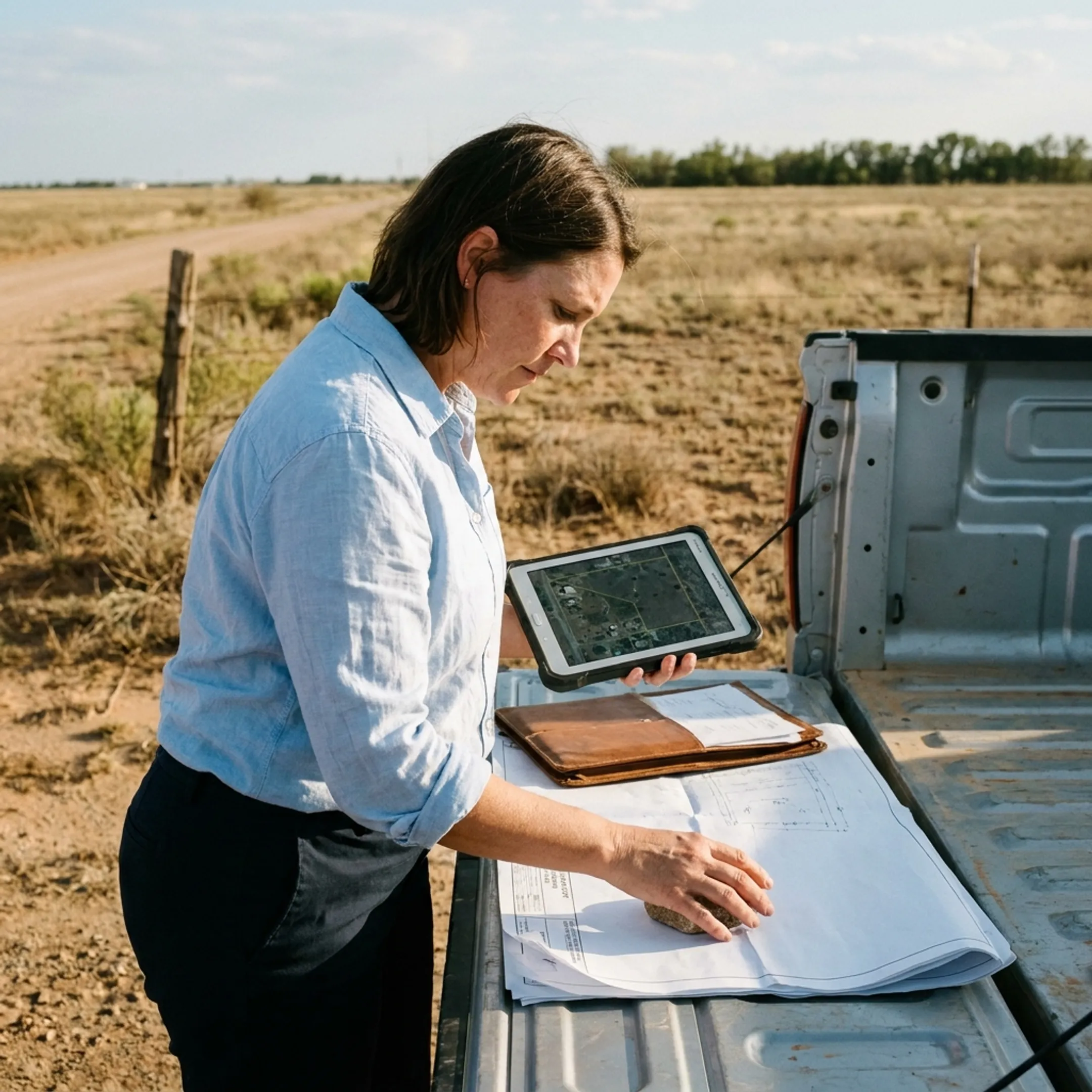 Real estate professional reviewing land listing documents at a Lubbock County property