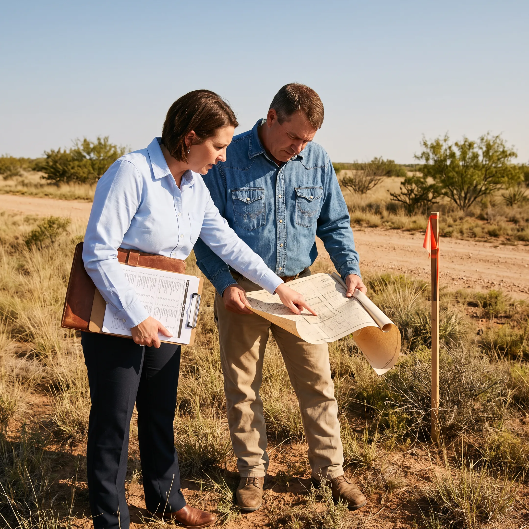 Agent discussing land listing strategy with property owner outdoors