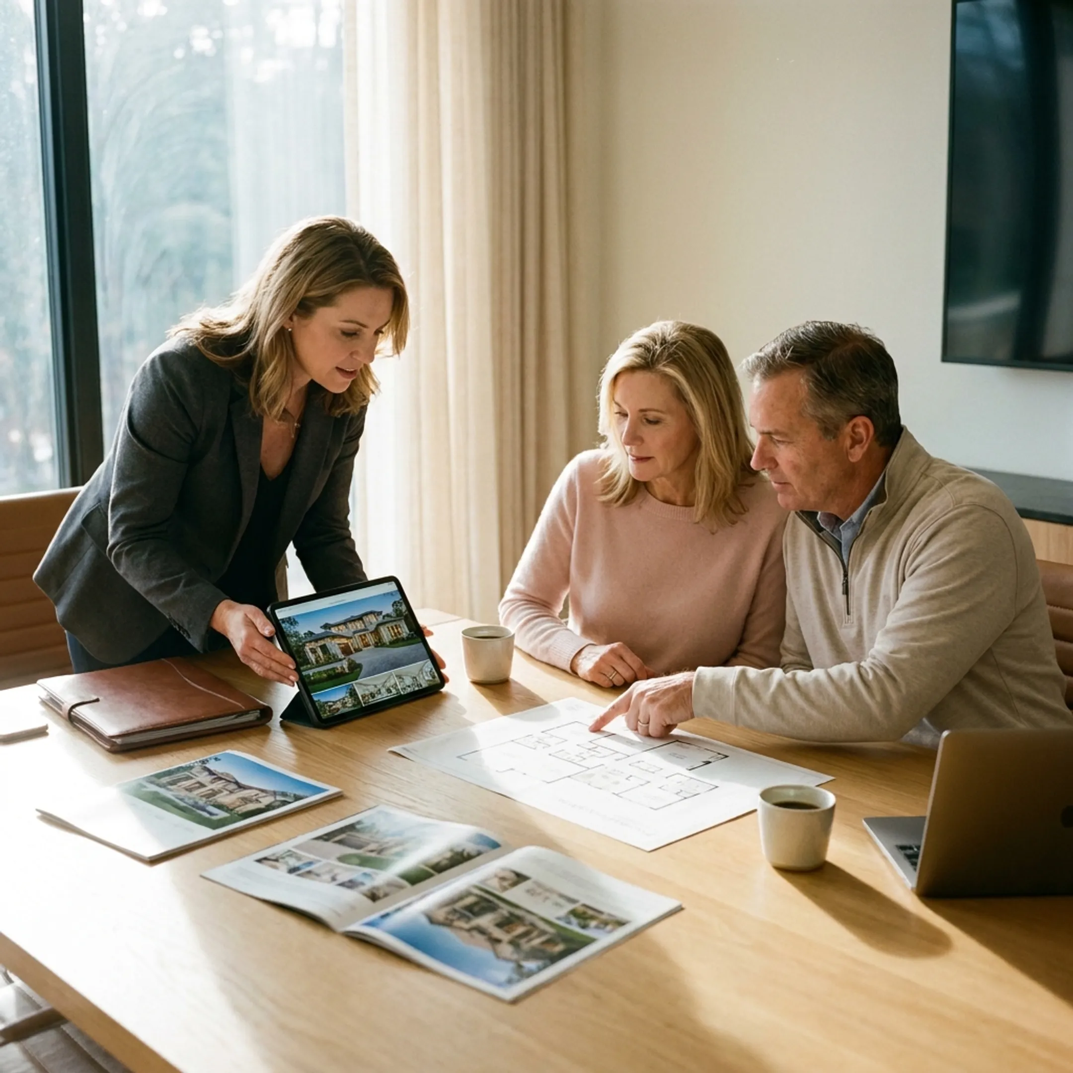 Luxury home buyers reviewing property listings