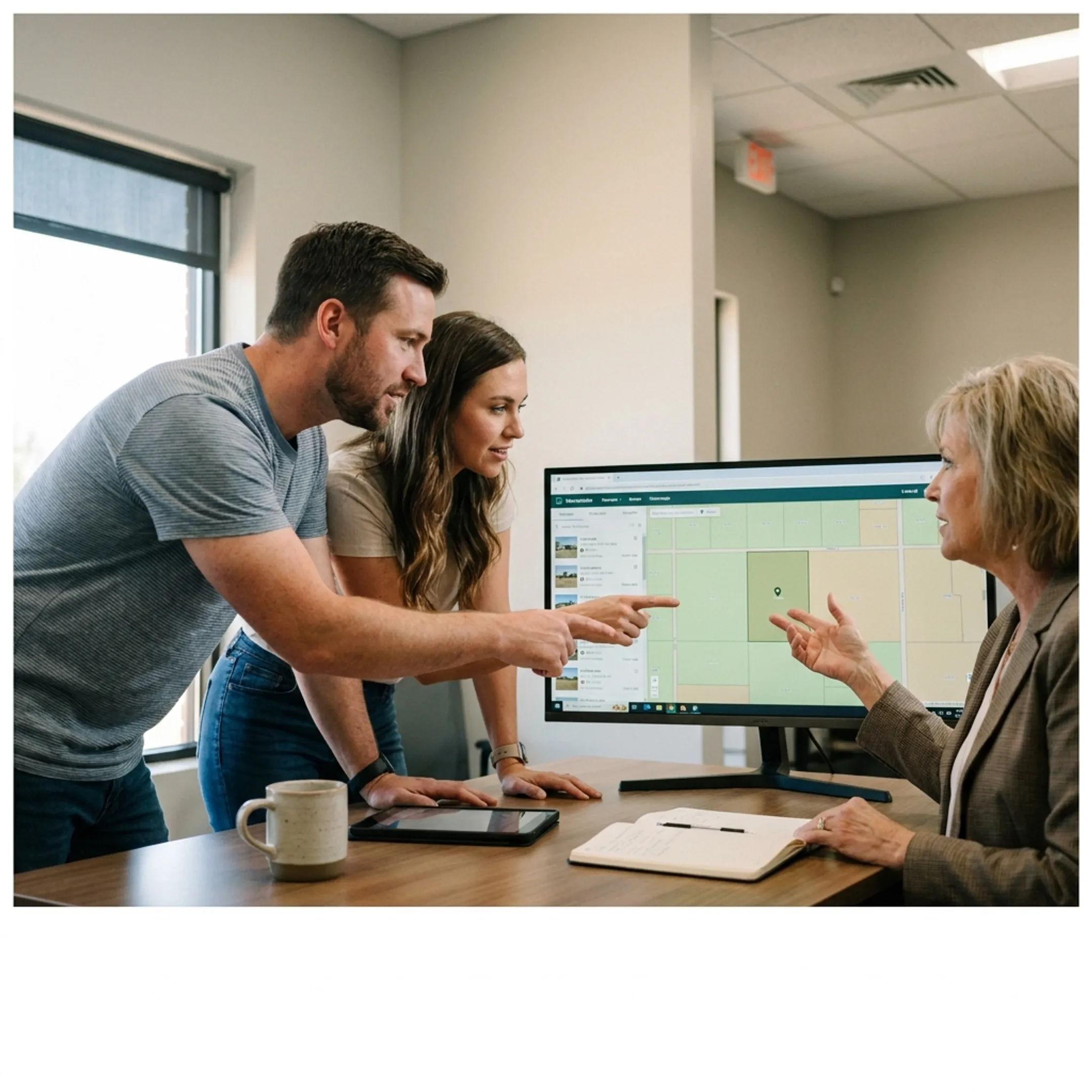 Land buyers reviewing available acreage listings