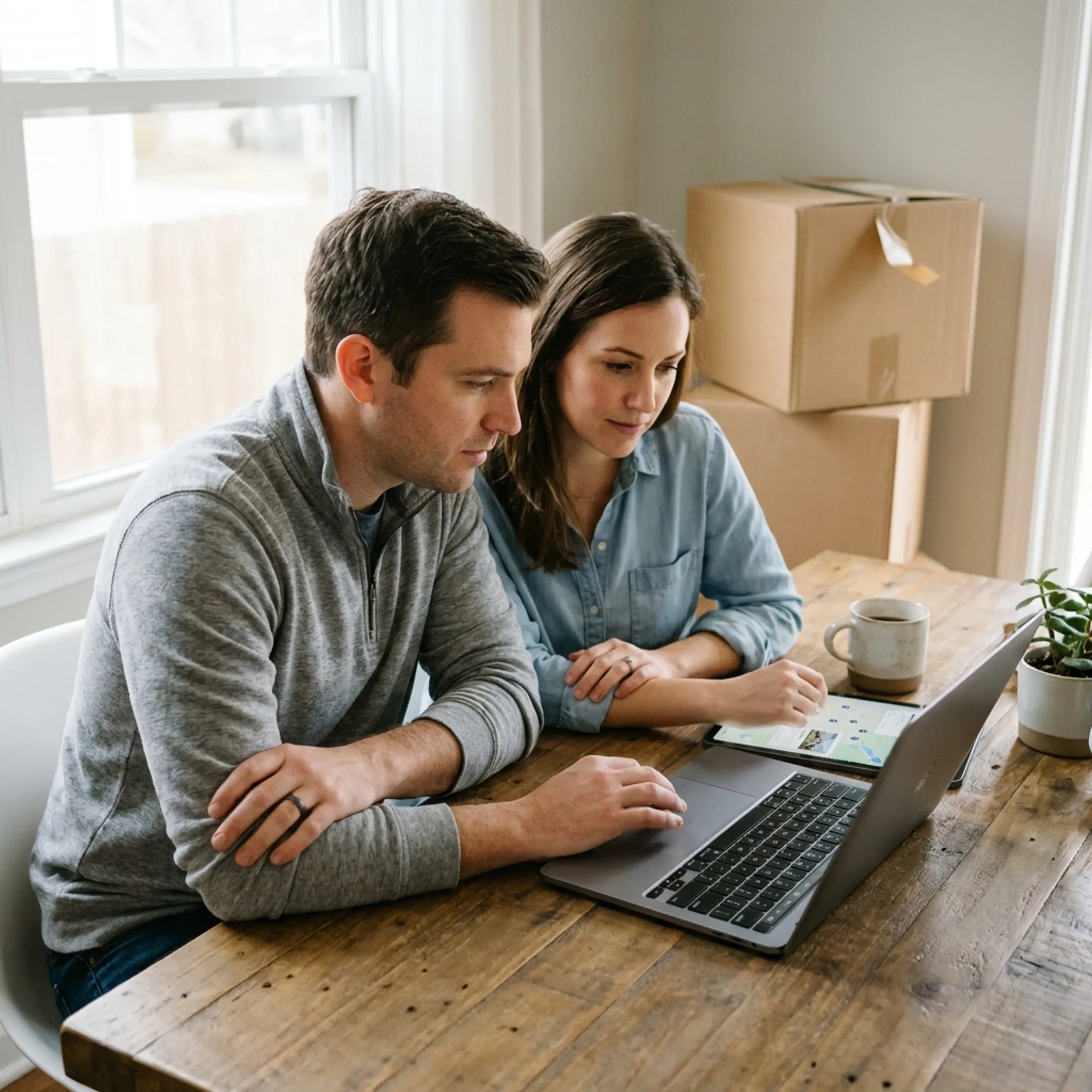 Relocating buyers reviewing property listings