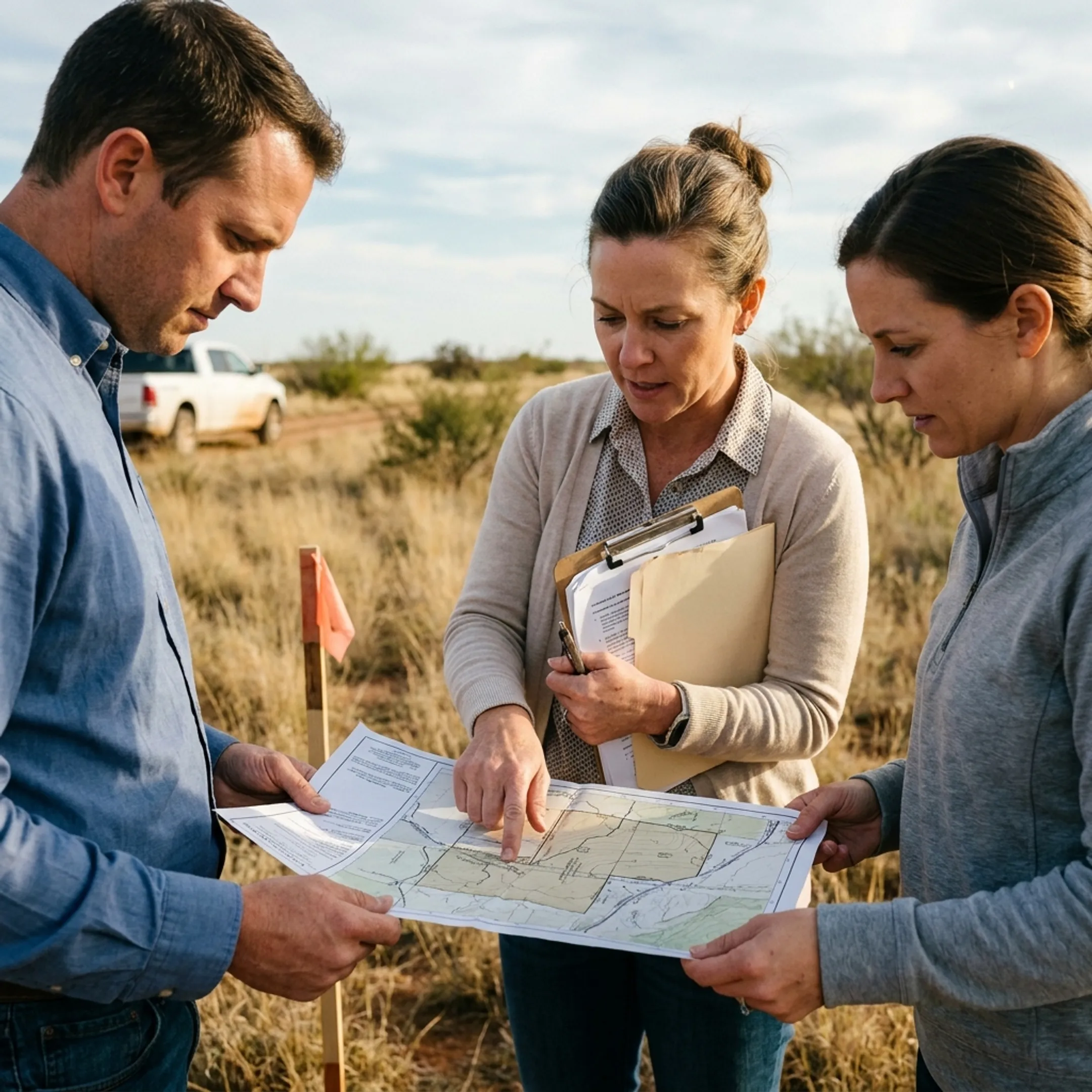 Land buyers reviewing acreage property