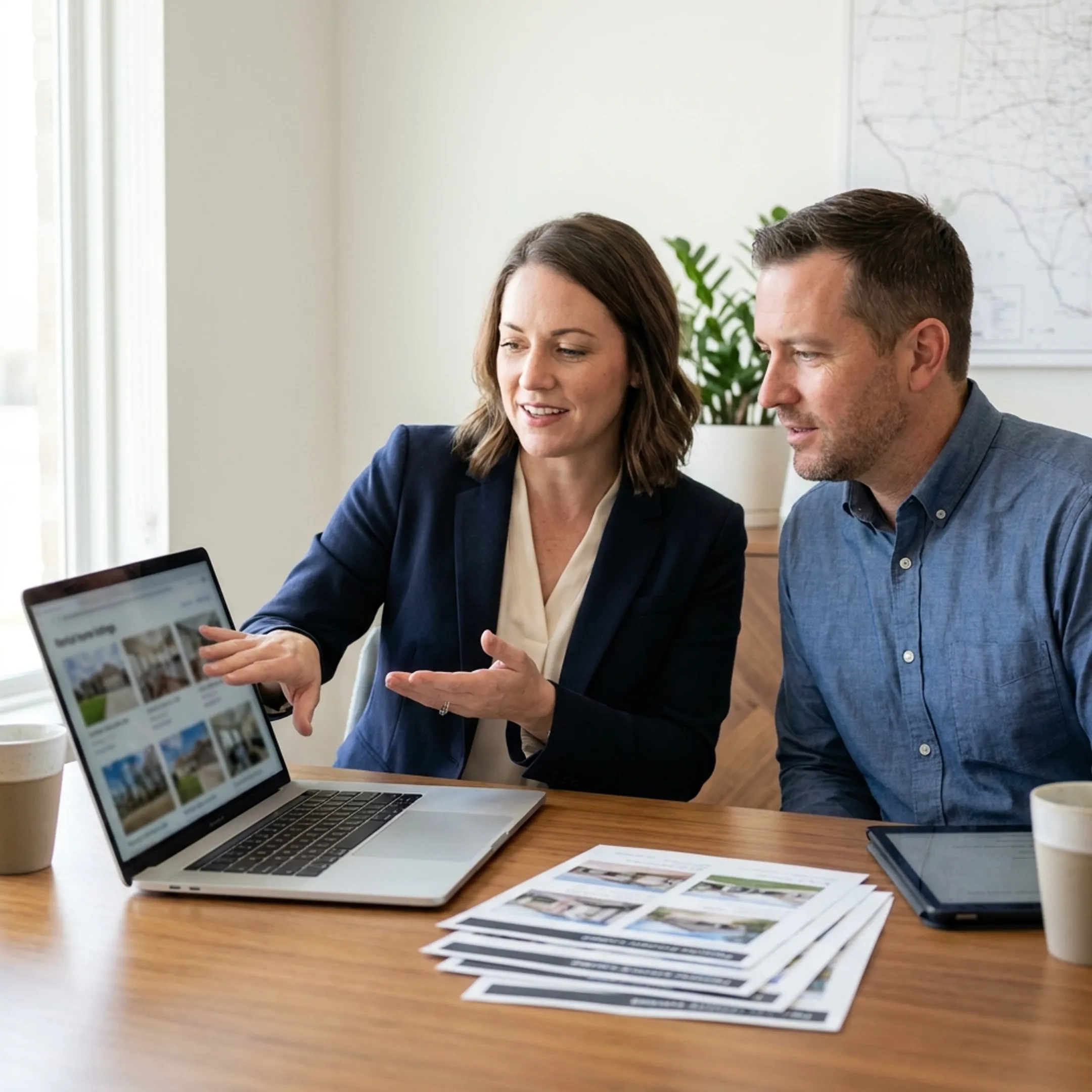 Real estate professional reviewing Lubbock rental home listings with a client