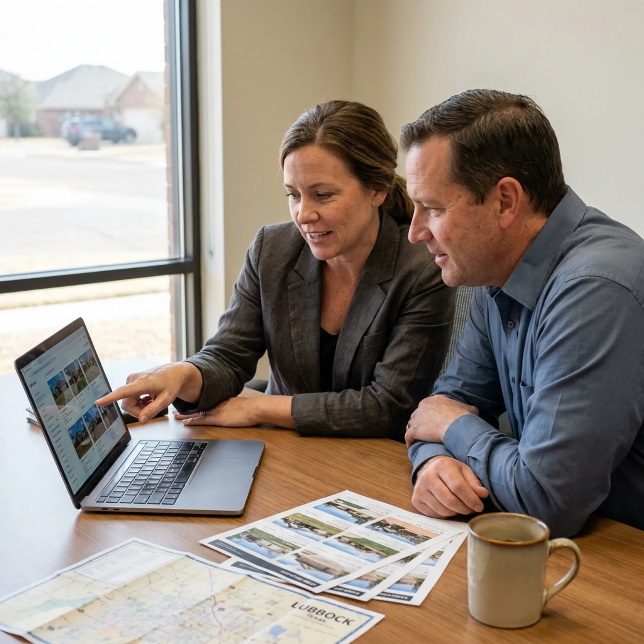 Client reviewing rental home listings with a real estate professional in Lubbock
