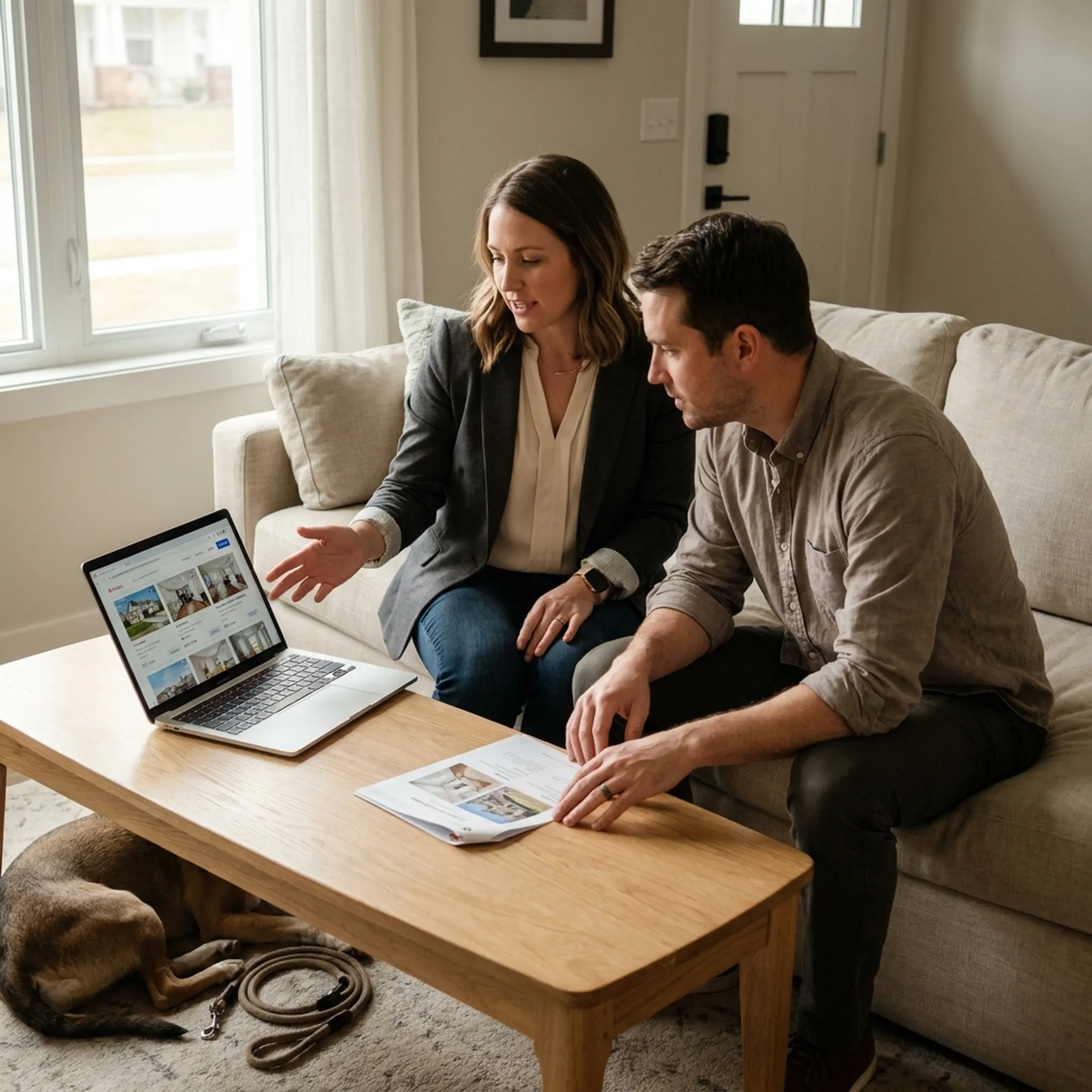 Client and real estate agent discussing a pet-friendly rental home
