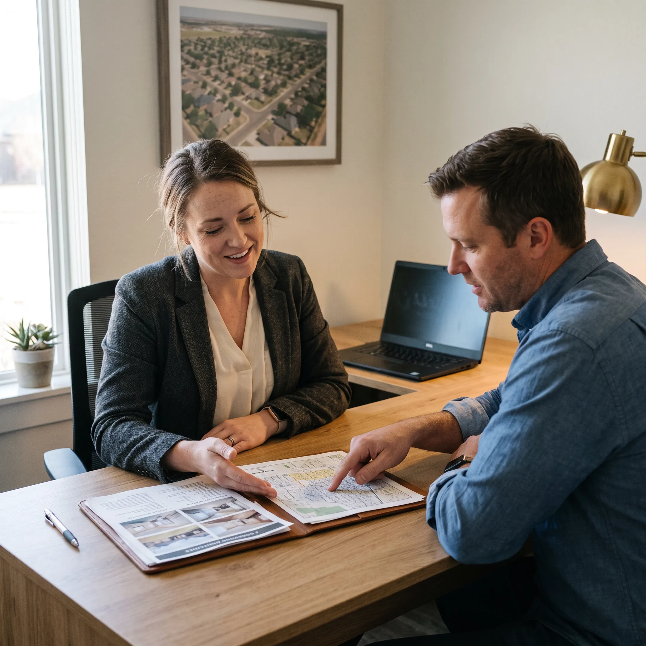 Real estate professional discussing rental home options with a client