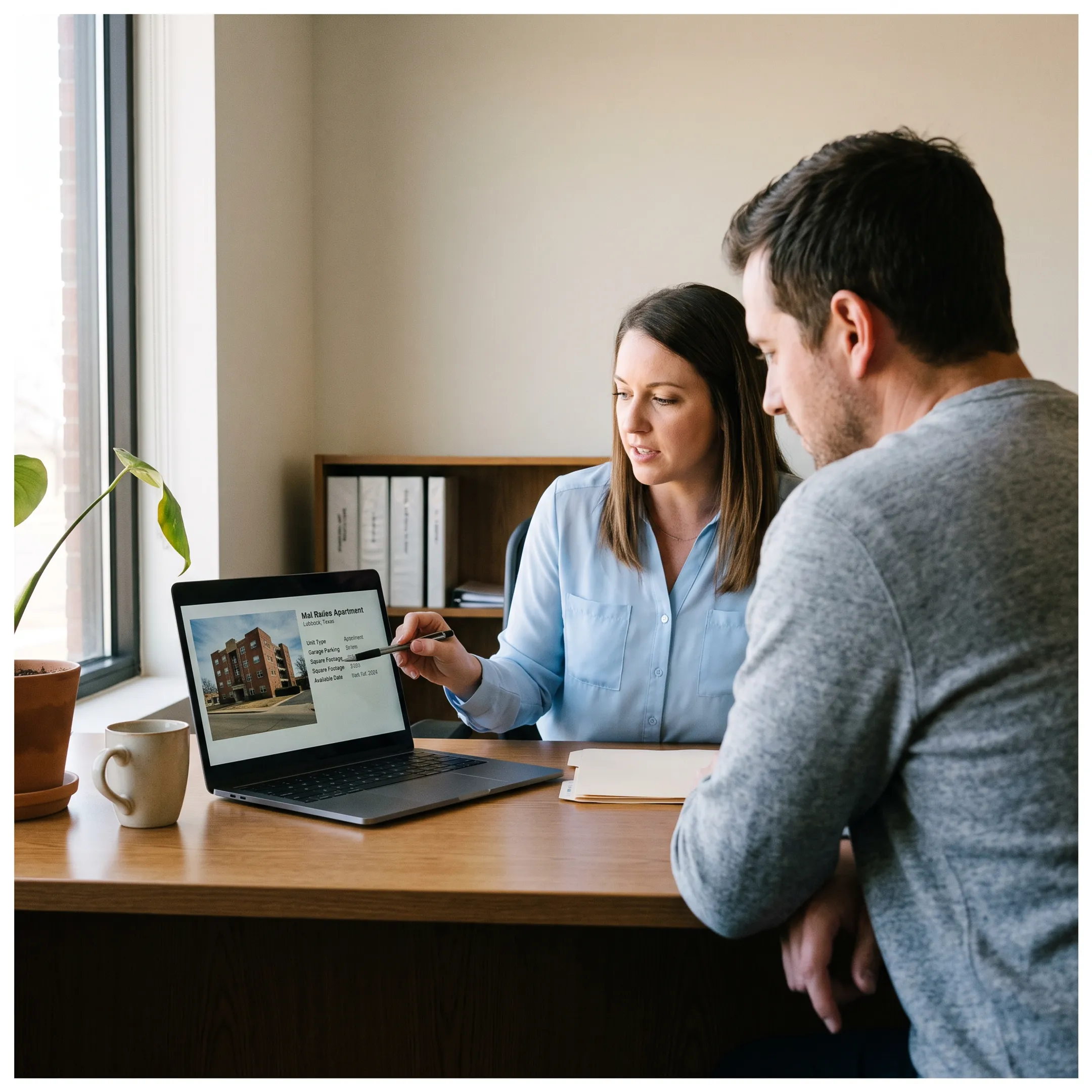 Real estate professional reviewing Lubbock apartment listings with a renter