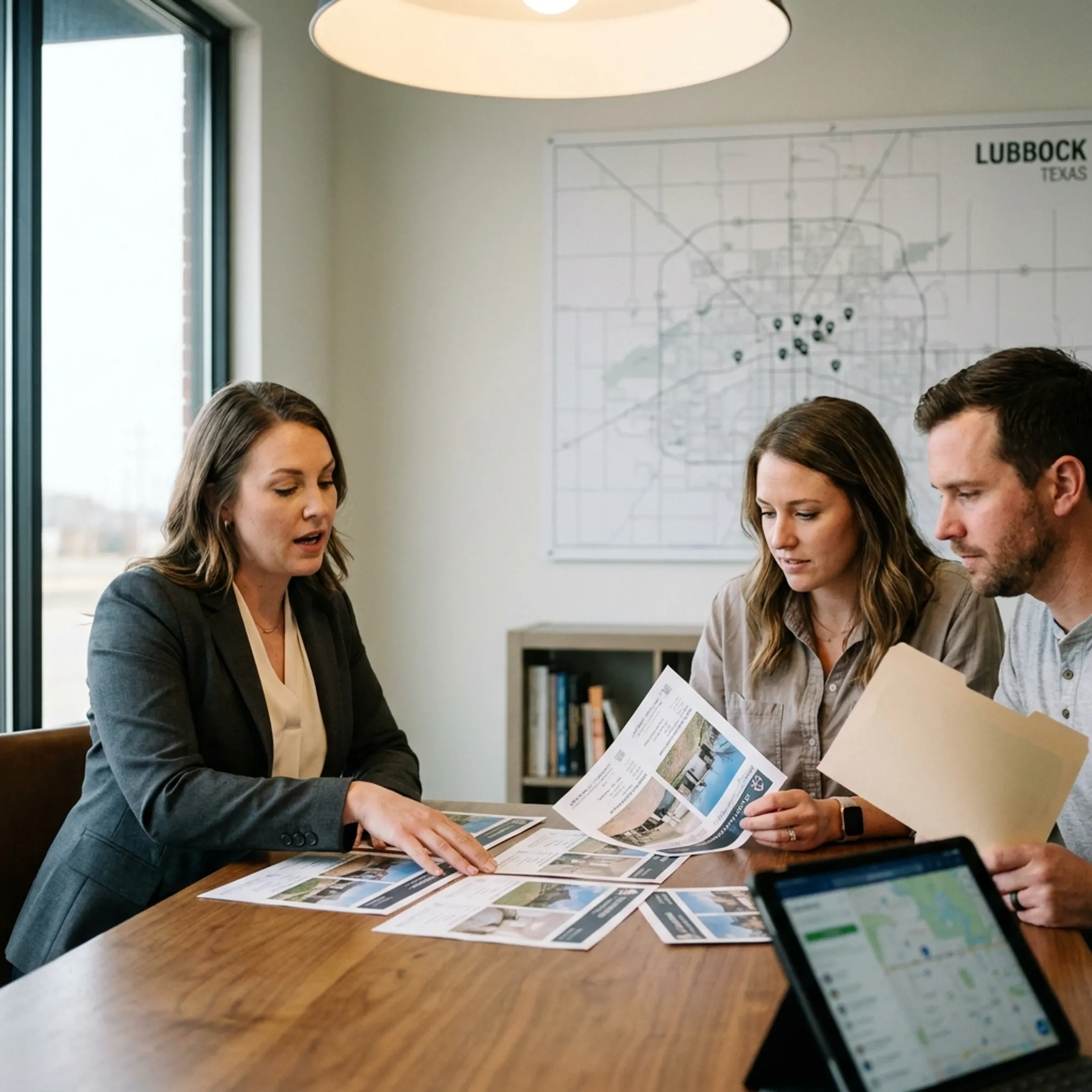 Agent reviewing residential property options with a Lubbock client