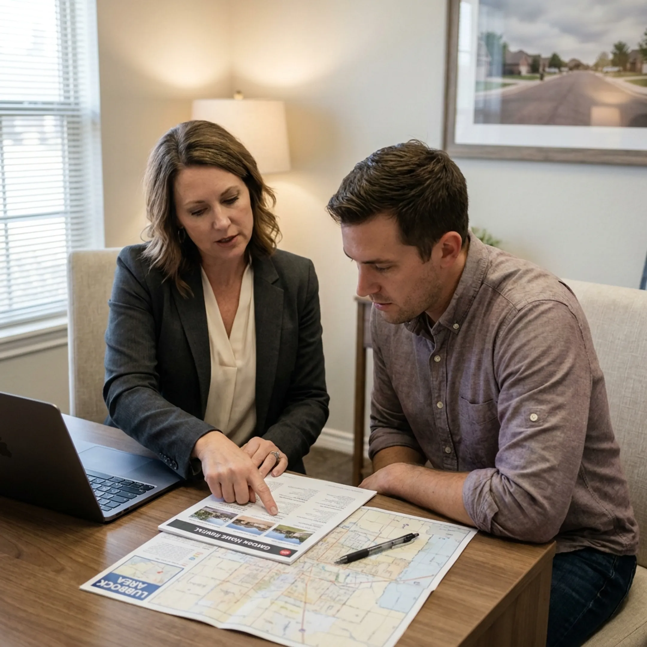 Real estate professional discussing a garden home rental search with a client in Lubbock