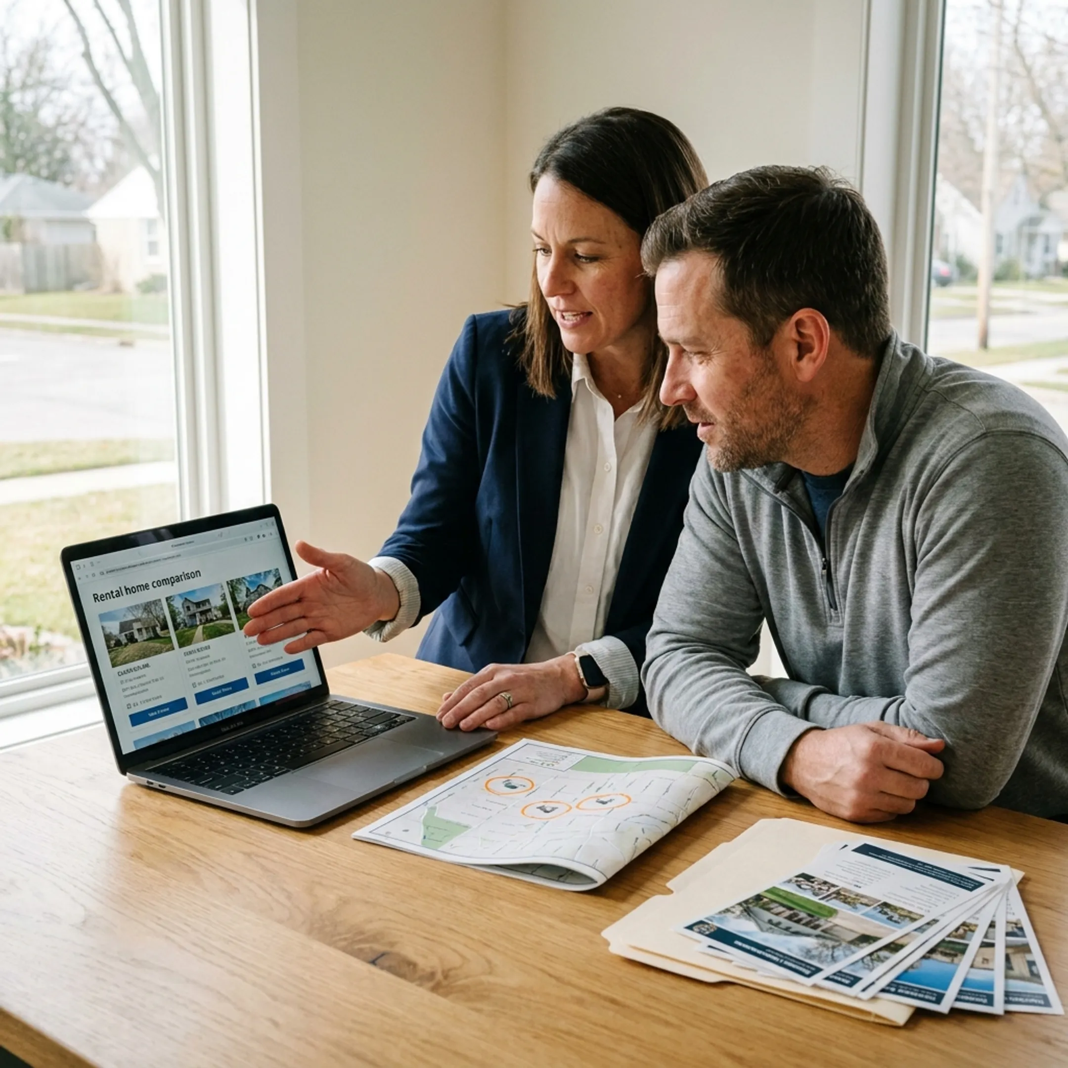 Agent and renter comparing single-family homes and neighborhood options in Lubbock