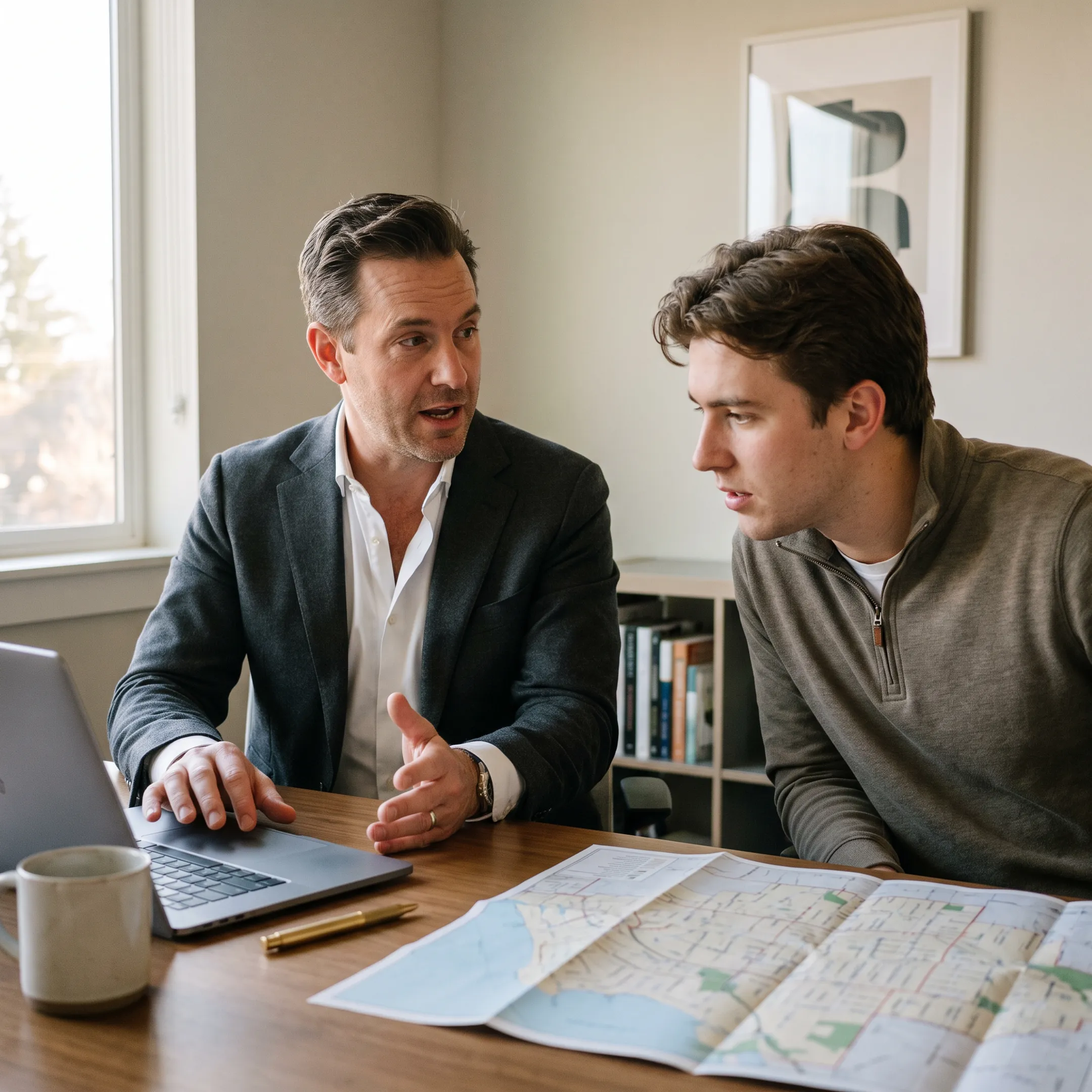Real estate professional reviewing Lubbock single-family rental listings with a prospective tenant