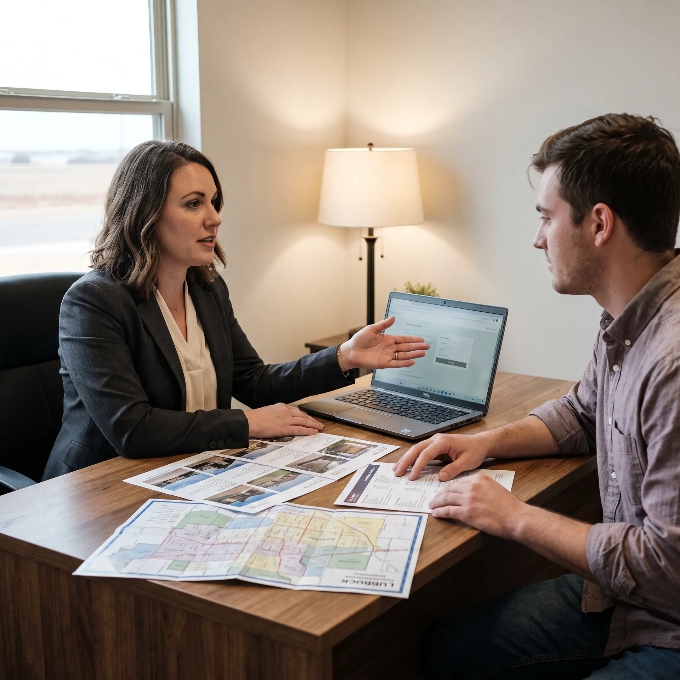 Real estate professional reviewing Lubbock rental listings with a prospective tenant