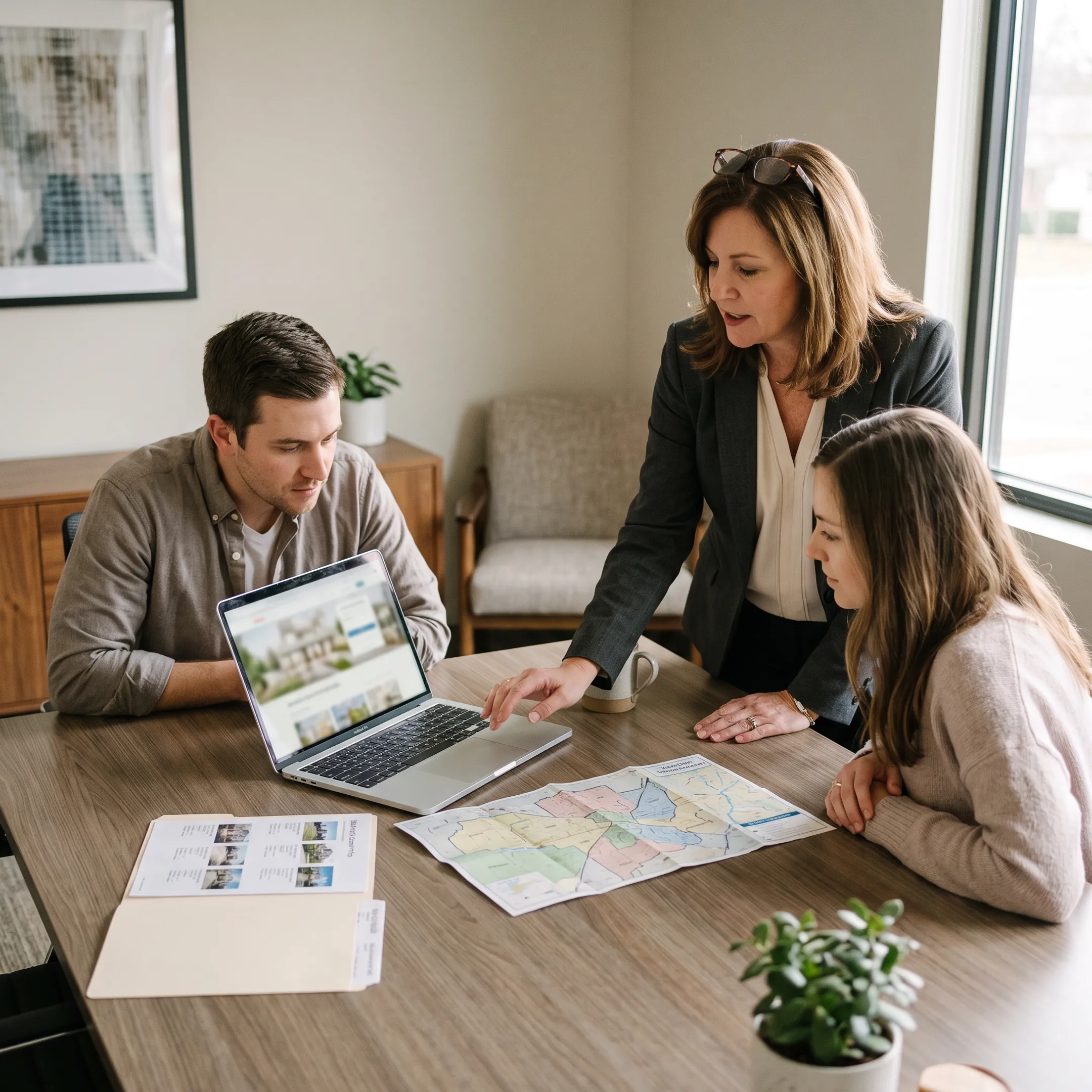 Real estate professional discussing rental home options with clients in Lubbock