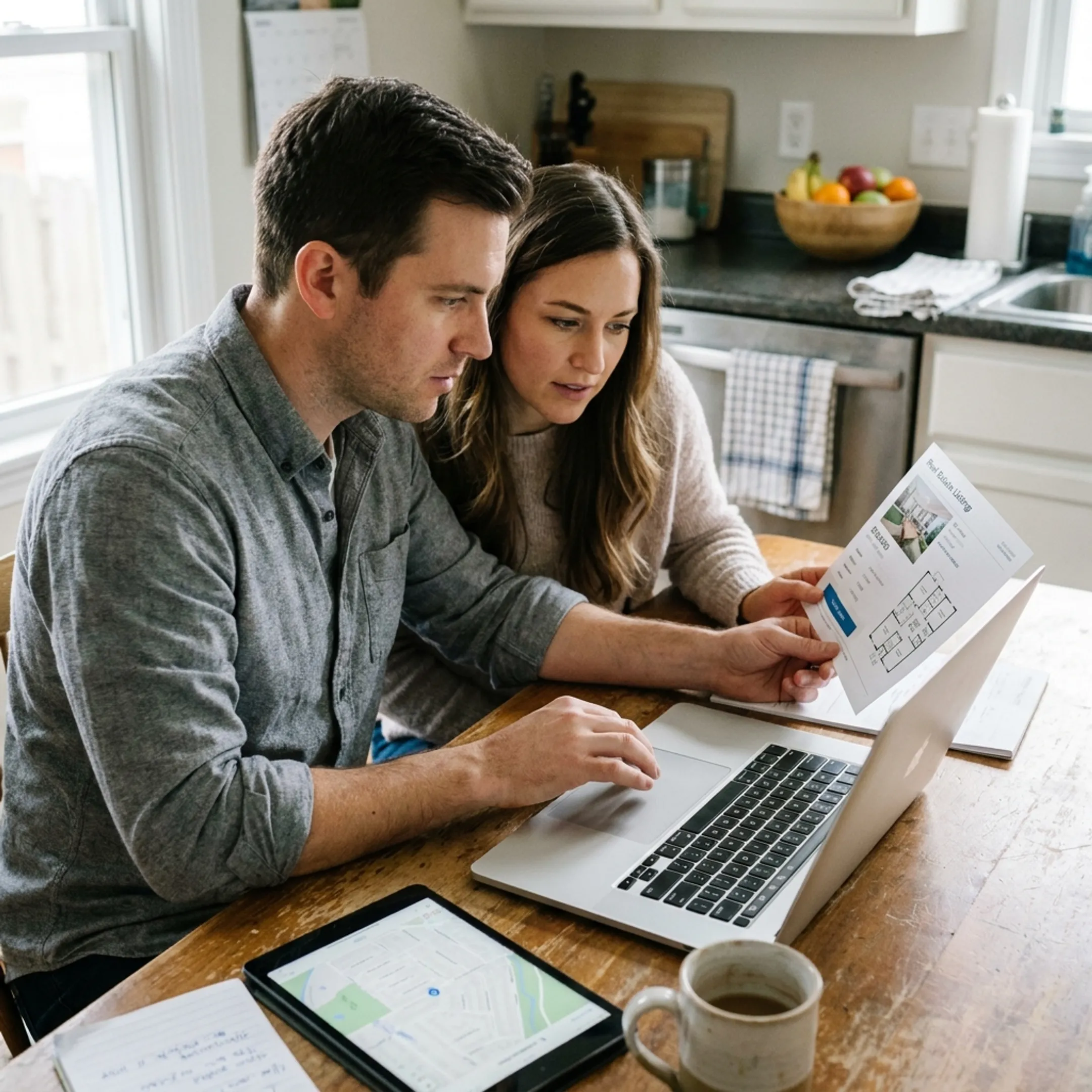 Residential home buyers reviewing property listings