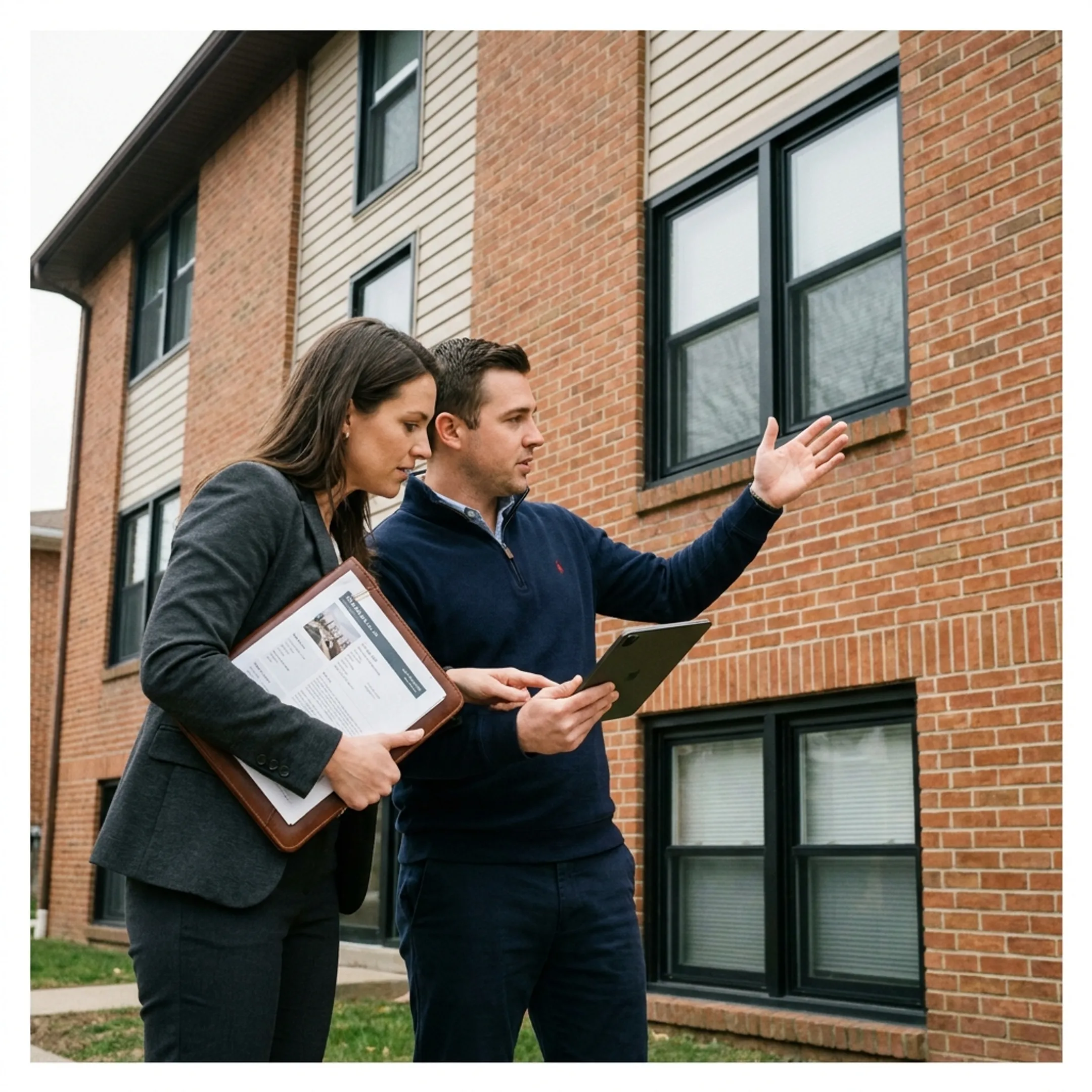 Real estate investors reviewing multi-family property