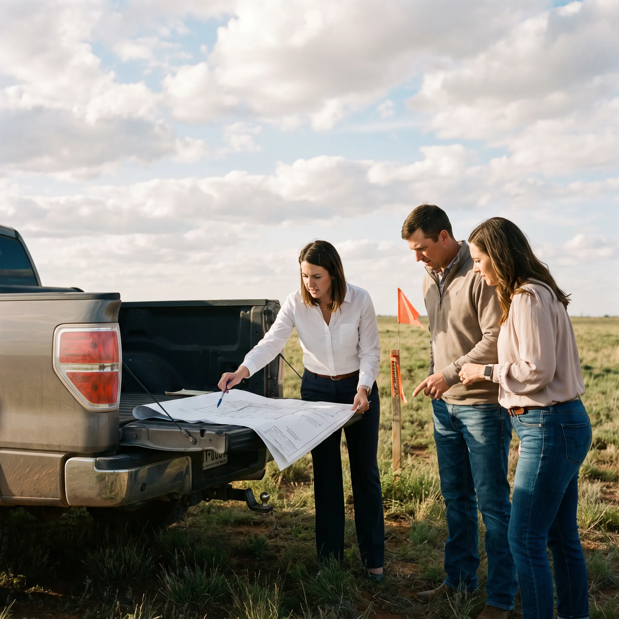Land buyers evaluating acreage property