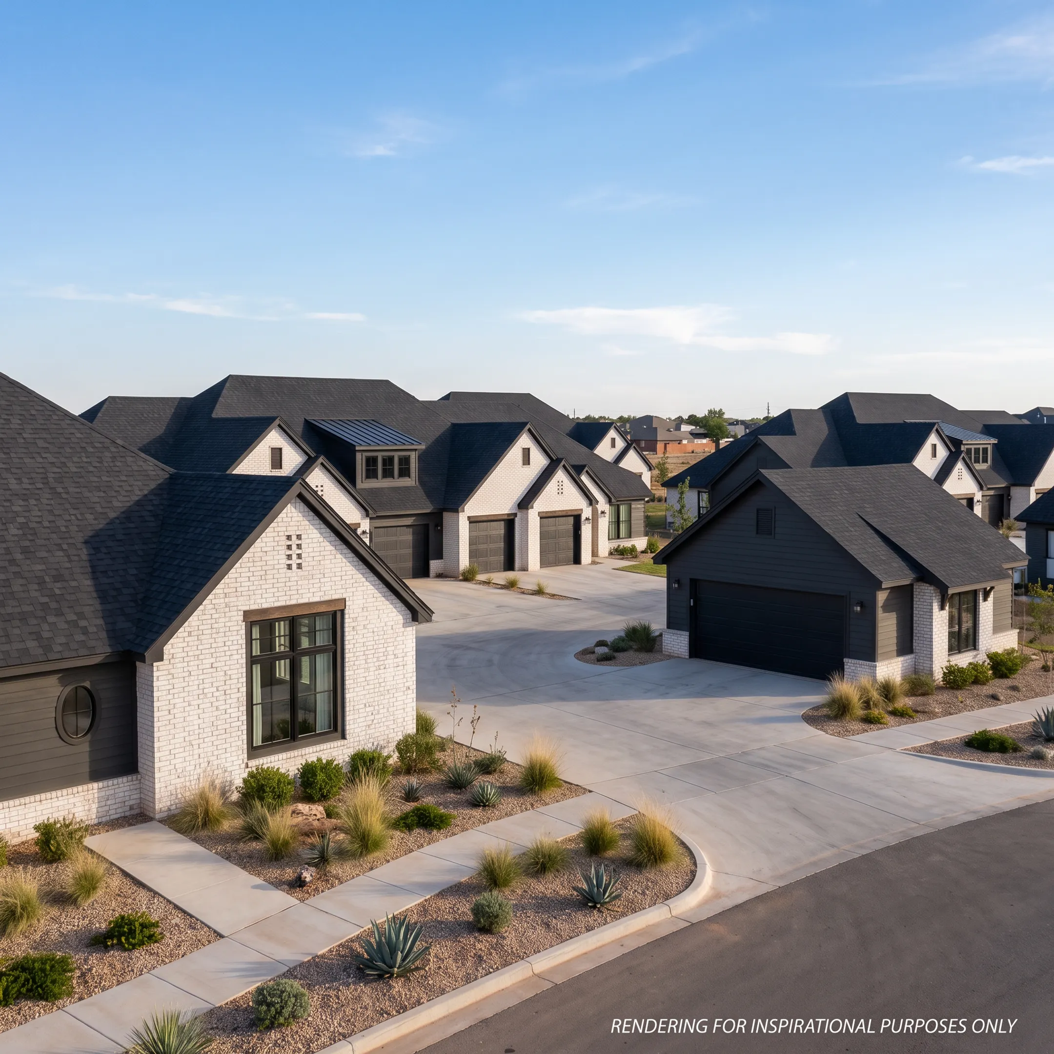 Apartment community in Lubbock with covered garage parking and nearby residential buildings