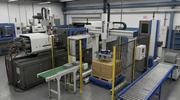 Compact Cartesian palletizing robot operating in injection molding facility end-of-line