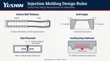 Four key injection molding design rules including draft angles wall thickness and gate placement