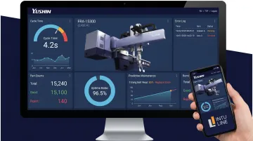 Yushin INTU LINE IoT dashboard displaying real-time production cycle and uptime data